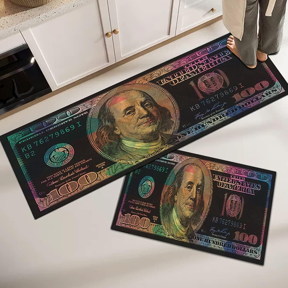 Colorful Money Rugs 100 Dollar Bill Kitchen Rugs Laundry Room Rug Non-Slip Rubber Indoor Outdoor Rugs for Hallway Living Room Bedroom Dining Room Bathroom Mudroom Room Decor 17.5"x29"+17.5"x59"