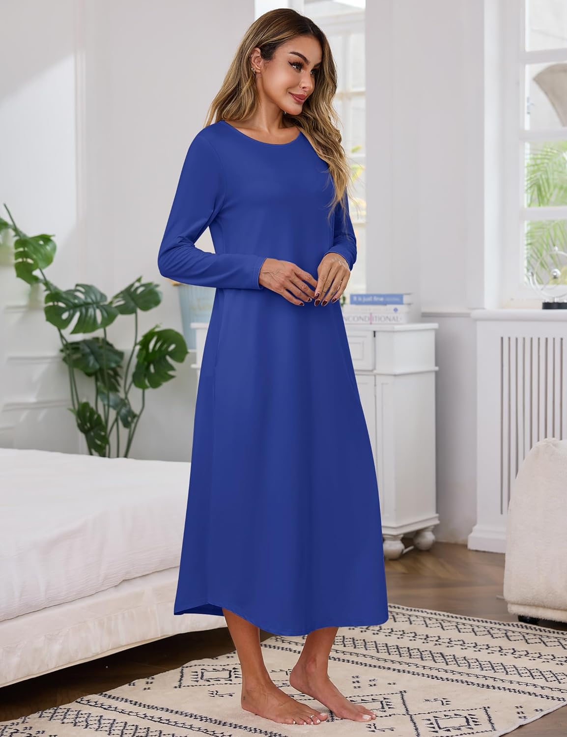 Marvmys Women Long Sleeve Nightgowns Round Neck Long Nightshirts with Pocket Sleepwears S-3XL - Image 5