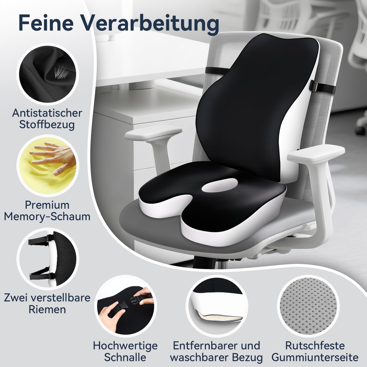 Travel Ease Memory-Schaum Sitzkissen & Lendenstützkissen-Set, Ergonomischer Komfort für Bürostuhl, Autositz, Zuhause & Reisen, Sitzpolster für Rücken und Gesäß, Schwarz