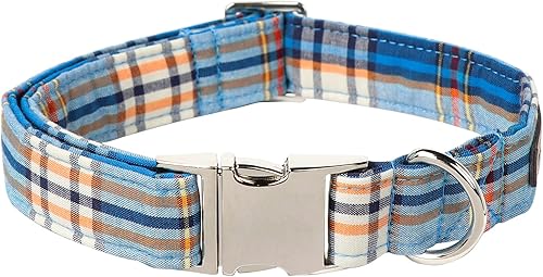 Lionet Paws Collar de perro para niño, cómodo y ajustable, lindo collar de cuadros azules con hebilla de metal para regalo de perros machos,