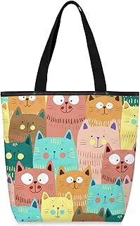 Sacolas de lona com zíper e bolso interno, bolsa de ombro feminina casual bolsa de mão gato colorido, bolsas de compras reutilizáveis de cozinha bolsas de lona para uso para bolsas de livros, sacolas de compras, sacolas de presente, Multicor