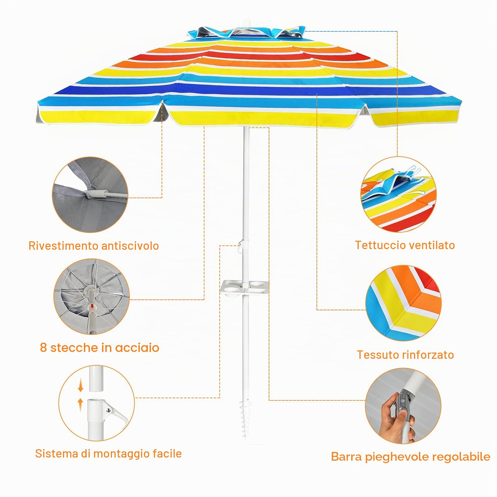 KOMFOTTEU Ombrellone da Spiaggia 200 cm, Parasole da Giardino con Portabicchieri e Borsa per il Trasporto, Pieghevole & Leggero, Ombrellone da Balcone Protezione Solare, per Patio, Piscina