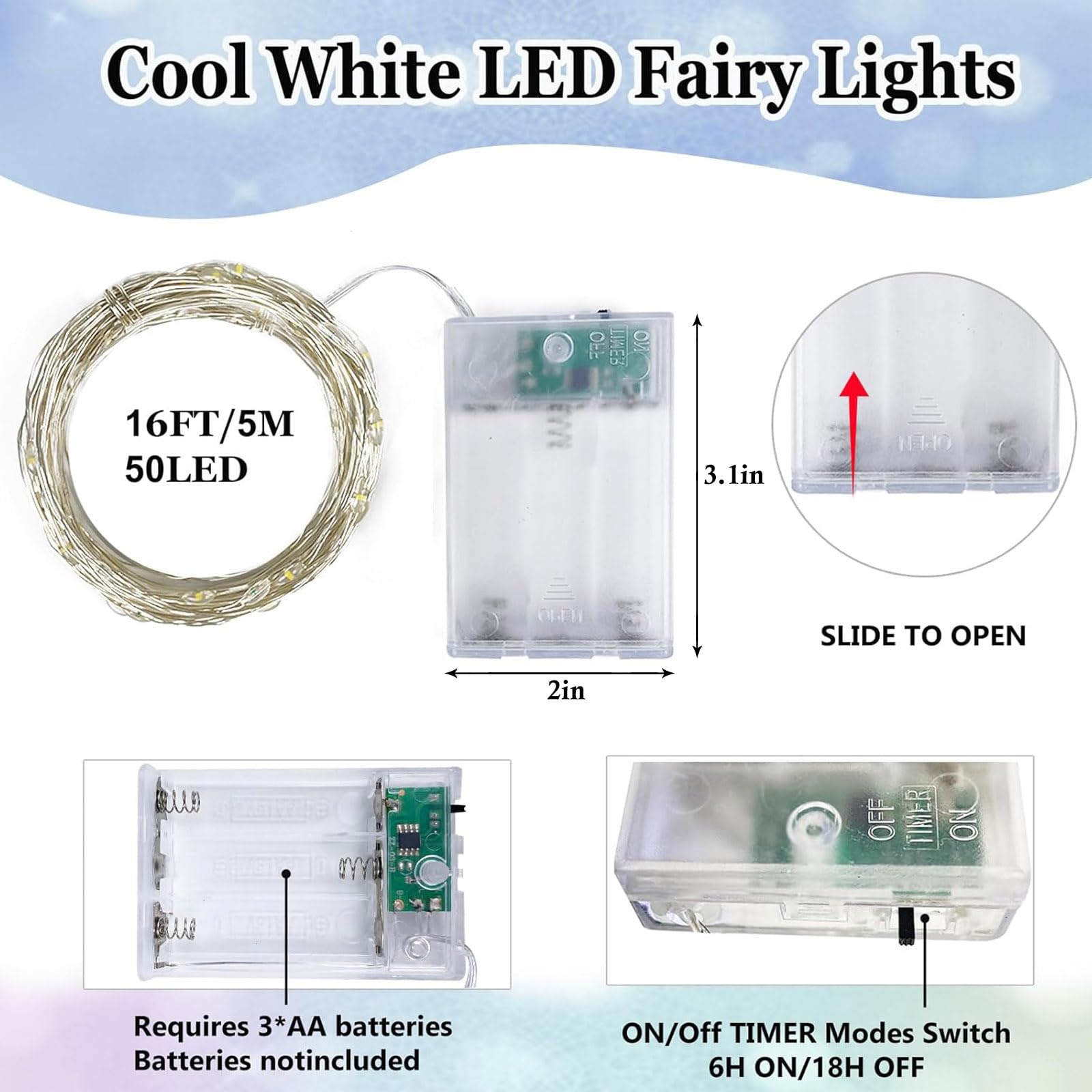 Weiße Lichterkette, batteriebetrieben mit Timer, wasserdicht, 50 LEDs, für den Innen- und Außenbereich, funkelnde Lichter für Schlafzimmer, Zuhause, Hochzeit, Geburtstag, Weihnachten, Partys,