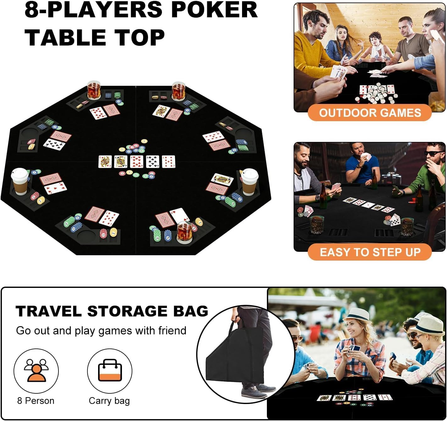 48 Inch Foldable Poker Table Top for 8 Players, Octagon Poker Table Topper with Chips Tray & Cup Holders, Professional Texas Hold’em Poker Table Mat Layout with Carrying Bag for Card Casino Games