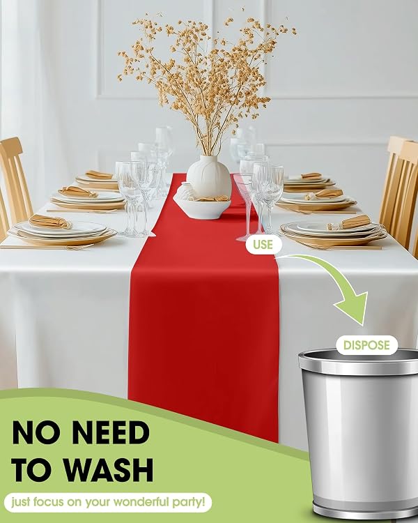 Pureegg Red Plastic Table Runners - 10 Pack, 14'' x 108'', Water Resistant & Disposable Centerpiece Decorations for Table Cloth, Wedding, Birthday, Holiday, Baby Shower, Party, Home Decor by Pureegg - Image 4