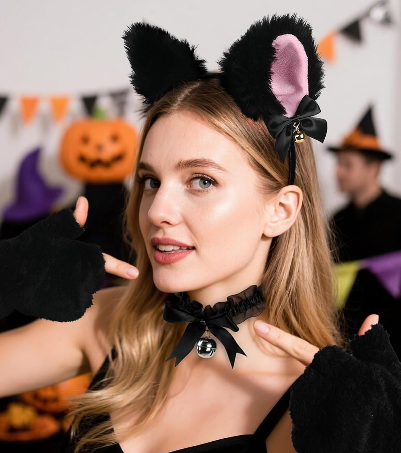 Cat Ears and Tail,Wolf Fox Ears Long Tail and Bell Lace Choker Set for Halloween,Animal Cosplay Party Costume - Image 5