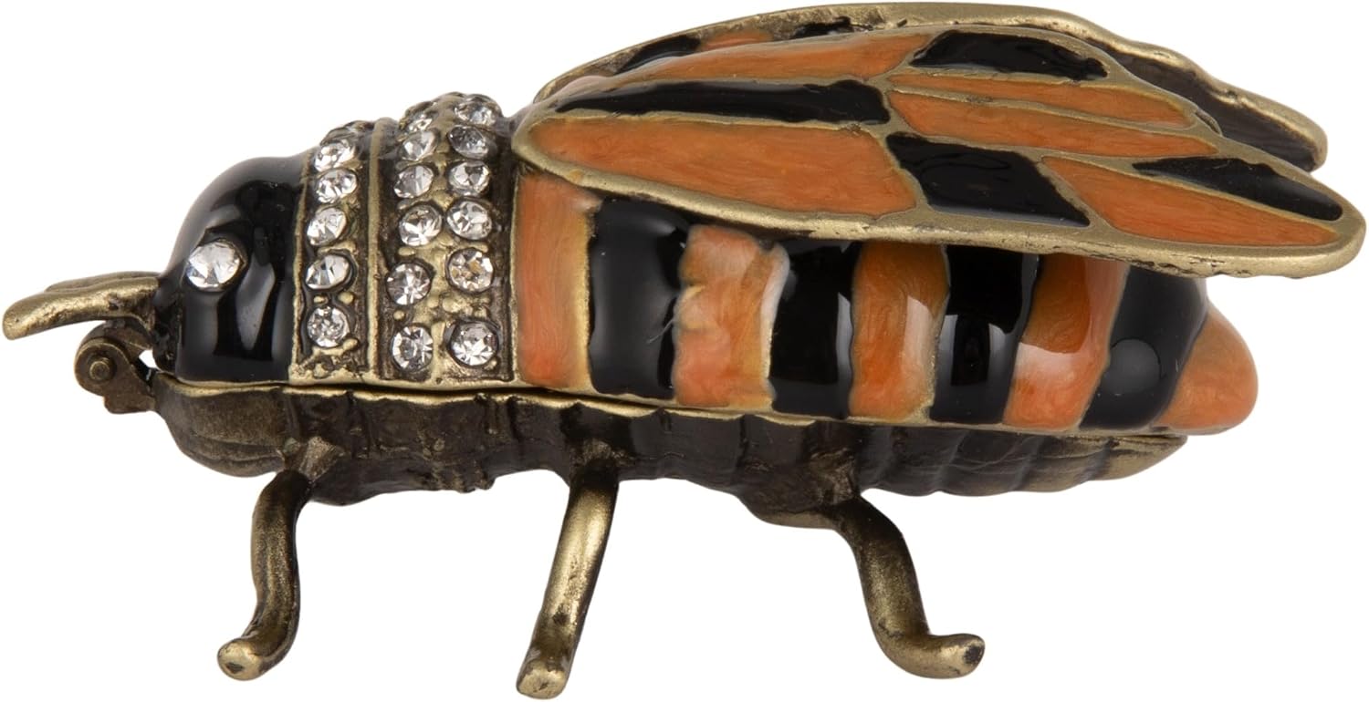 Creative Co-Op Enameled Bee-Shaped Metal Trinket Box with Jewels, Gold, Orange and Black