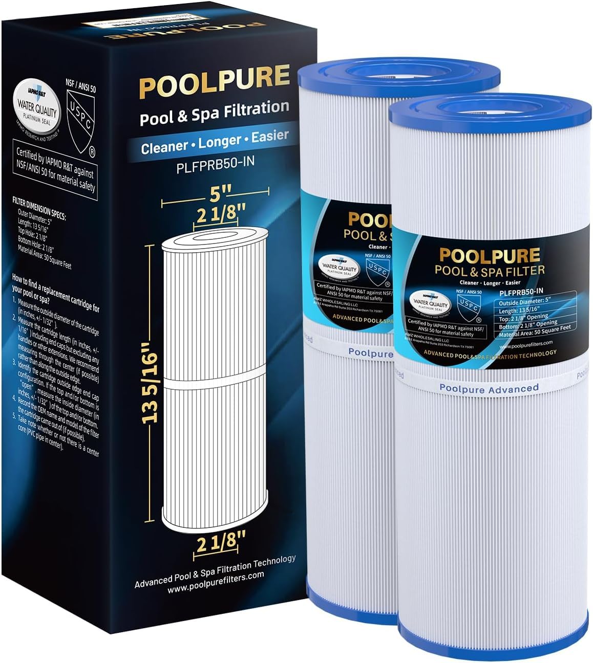 POOLPURE 2er Pack Spa Filter mit Pillendose, Ersatz für Pleatco PRB50-IN, Unicel C-4950, Darlly 40506, Whirlpool Filter für Jacuzzi J200 Serie, Sundance 680, 50 m² Lamellenfilter