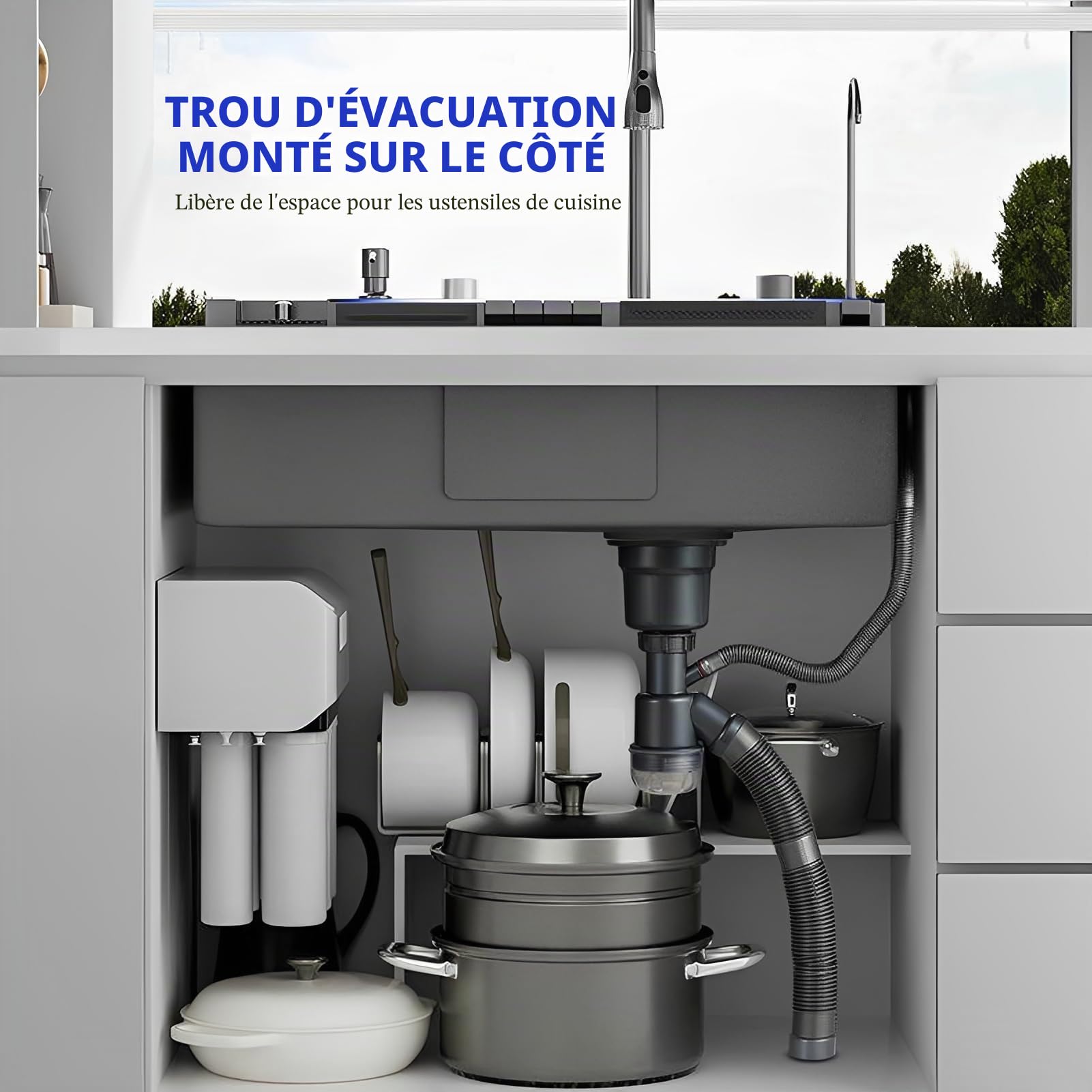 Station de travail en forme de cascade de 80 x 50 cm pour évier de cuisine, évier de cuisine mono-bac en acier inoxydable anthracite noir avec robinet escamotable intégré et affichage numérique