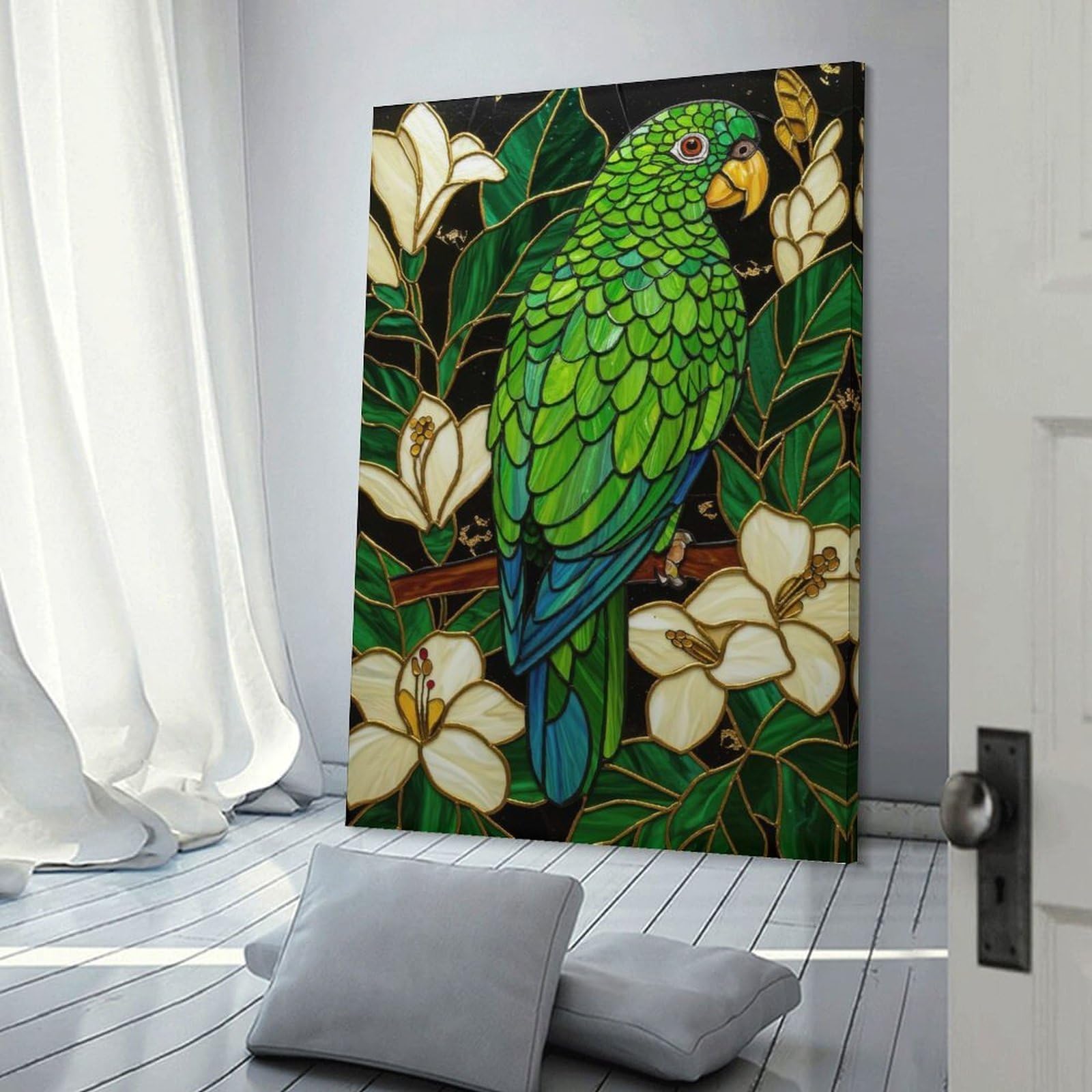 Junmoney Stained Glass Parrot Wall Art Print, 12x18inch(30x45cm), for Entrance Spaces, Stair Walls Or Halls, Home Artwork for First Impressions