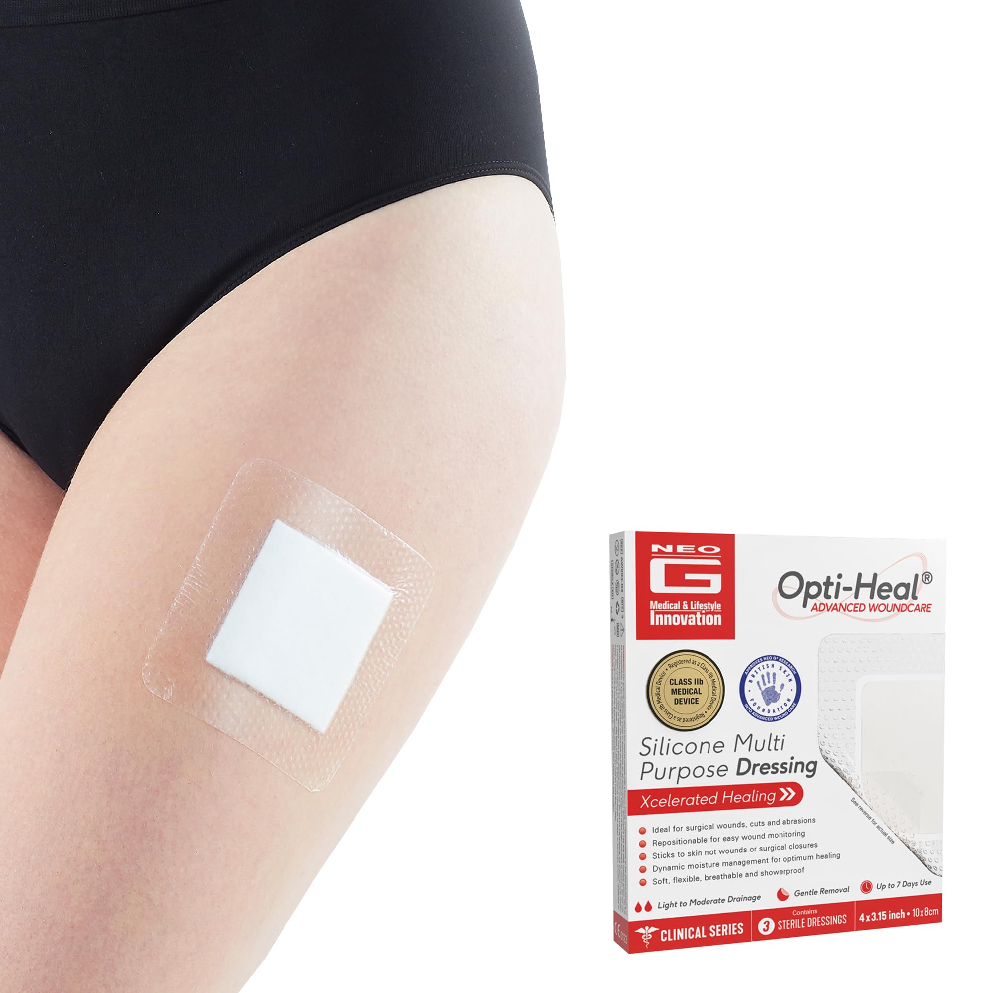 Opti-Heal Silicone Multi Purpose Dressing - Neo G Large Sterile Wound Dressings Adhesive for Surgical Wounds, Cuts, Abrasions, Skin Tears - 10x8 cm 3 Pcs