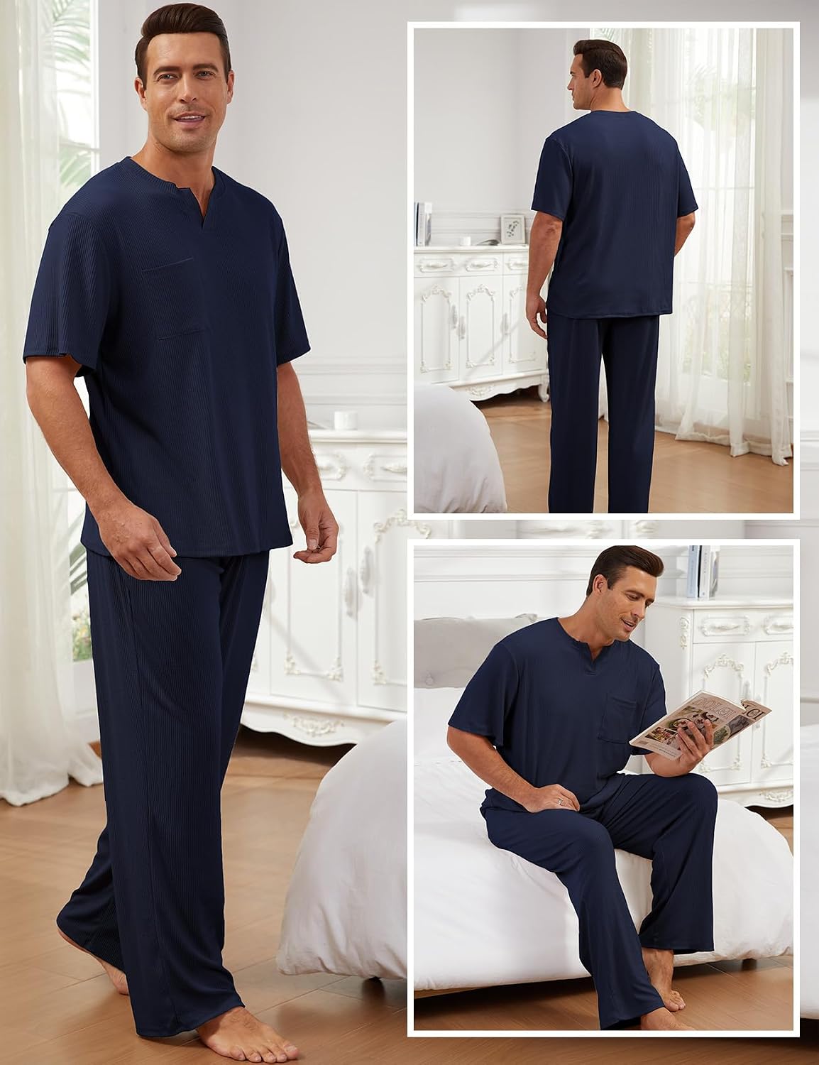 Gihuo Mens Pajama Sets Short Sleeve Top Pants Loungewear Set Sleepwear Matching Set