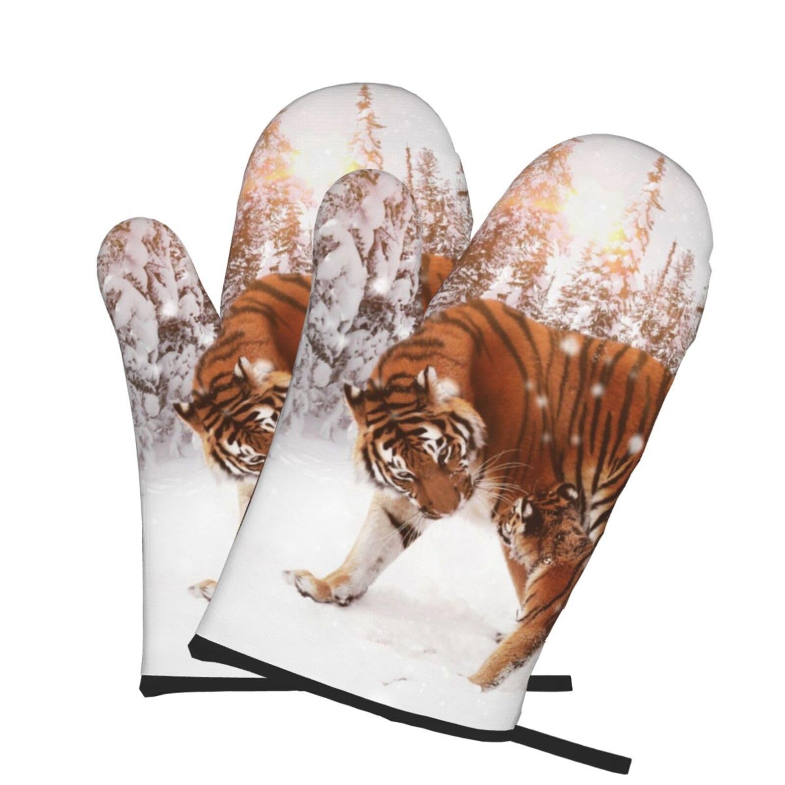 Oven Mitts Set of 2 Pcs, Tiger Prints Heat Resistant Kitchen Gloves for Cooking Baking Grilling