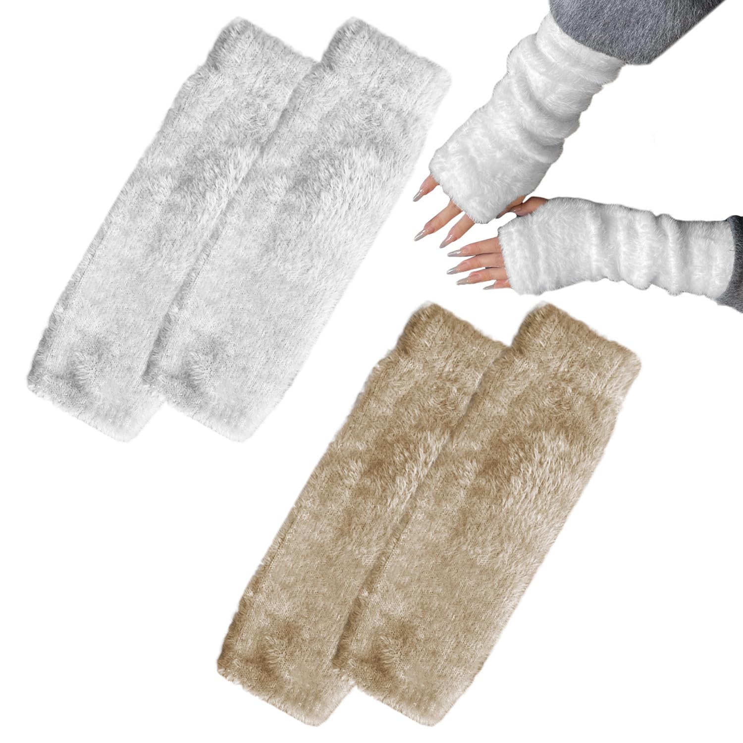 CYNOSURETECH 2 Pairs Of Plush Gloves, Long Fingerless Gloves, Warm Gloves, Soft Gloves, Simple Women'S Gloves