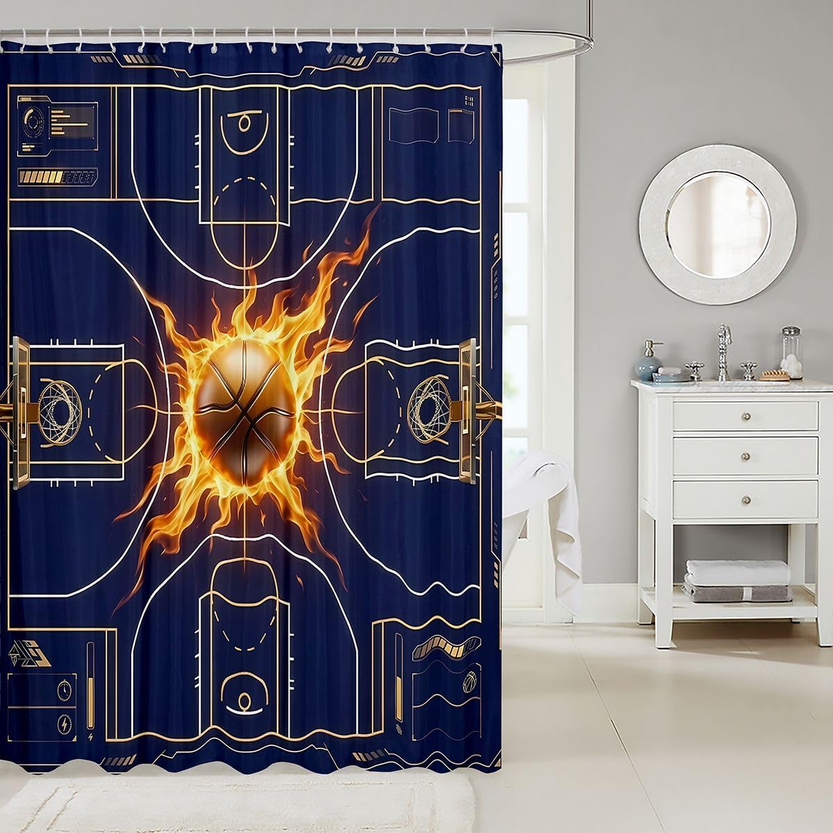 Flaming Basketball Bathroom Accessories Navy Basketball Court Shower Curtain Futuristic Sports Court Bathroom Curtain For Kids Adults 72" W X 84" L Navy Gold Aesthetic Fabric Shower Curtains image 2