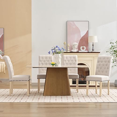 Miniatura 30 de LOULENS Juego de 2 sillas de comedor de tela, modernas sillas Parson tapizadas de lino con ribete de cabezas de clavos, botones acolchados, patas de