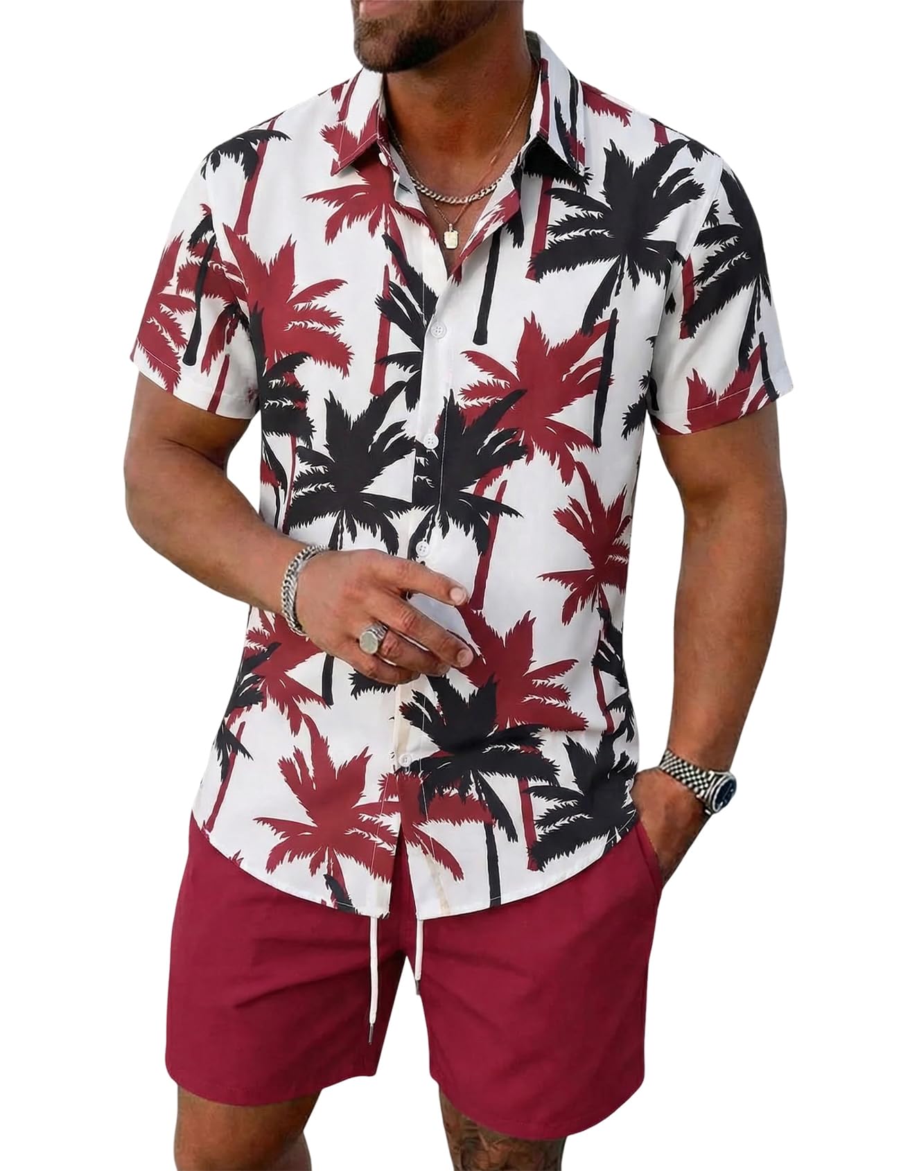 Yimoon Men's Summer 2 Piece Outfits Tropical Print Short Sleeve Button Down Hawaiian Beach Shirt and Shorts Set