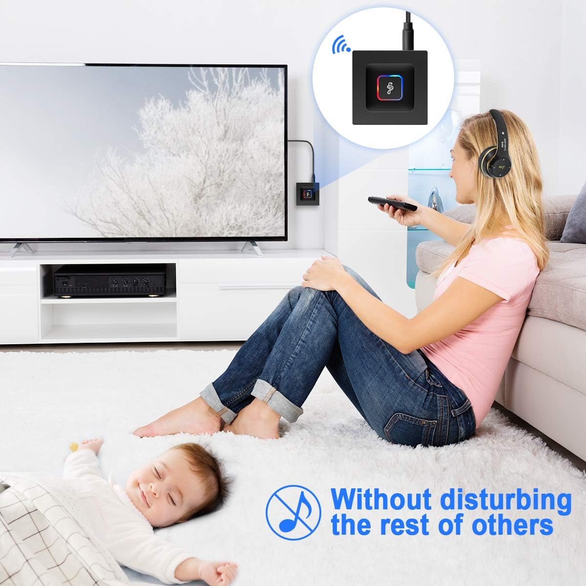 Image showing a person watching TV with headphones on while a baby sleeps nearby, with text 'Without disturbing the rest of others', highlighting the benefit of using the BT5 for private listening.