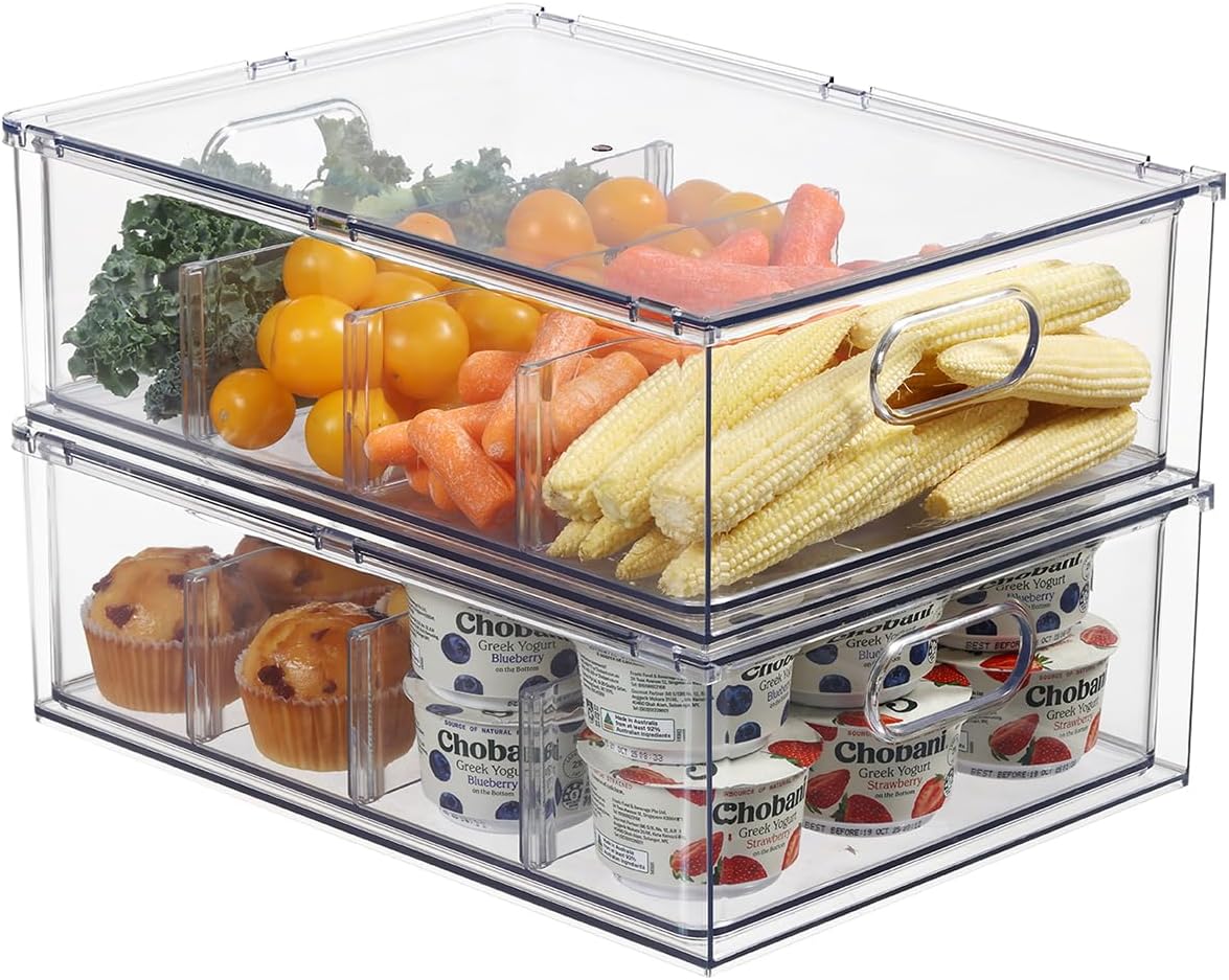 Fridge Drawer Pull Out Stackable Bins, Clear Refrigerator Stackable Organizers, Fridge Organizer Storage for Kitchen, Pantry, Vegetables, Fruits (2 Small + 1 Large)