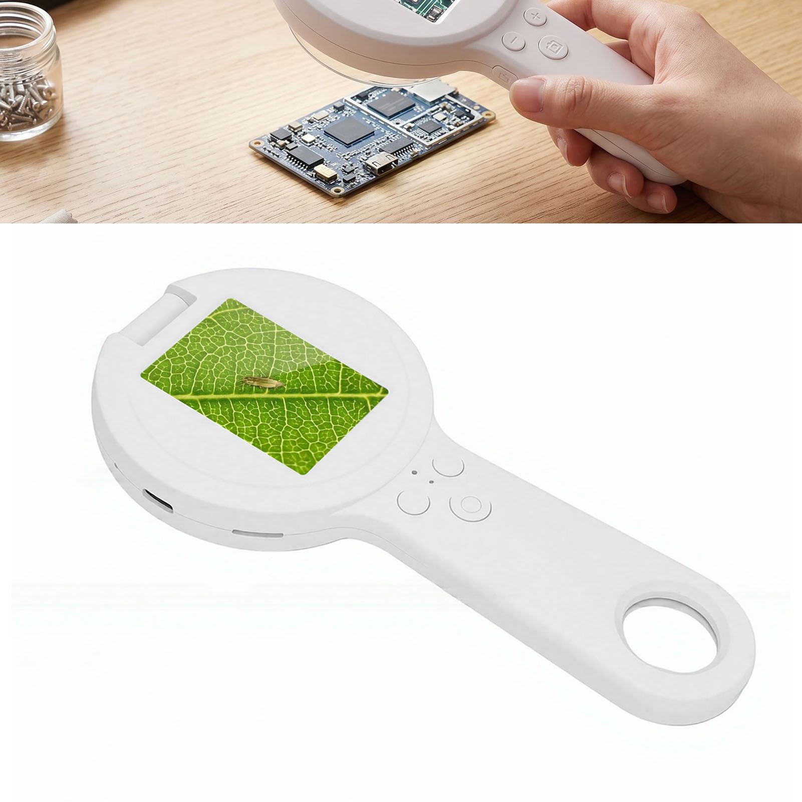 Asixxsix Hand-Digitalmikroskop, 2,4-Zoll-Bildschirm, 500-fache Vergrößerung mit 16 LED-Leuchten, Autofokus-Hand-Digitallupe für Naturbeobachtung, Schmuckbewertung (White)