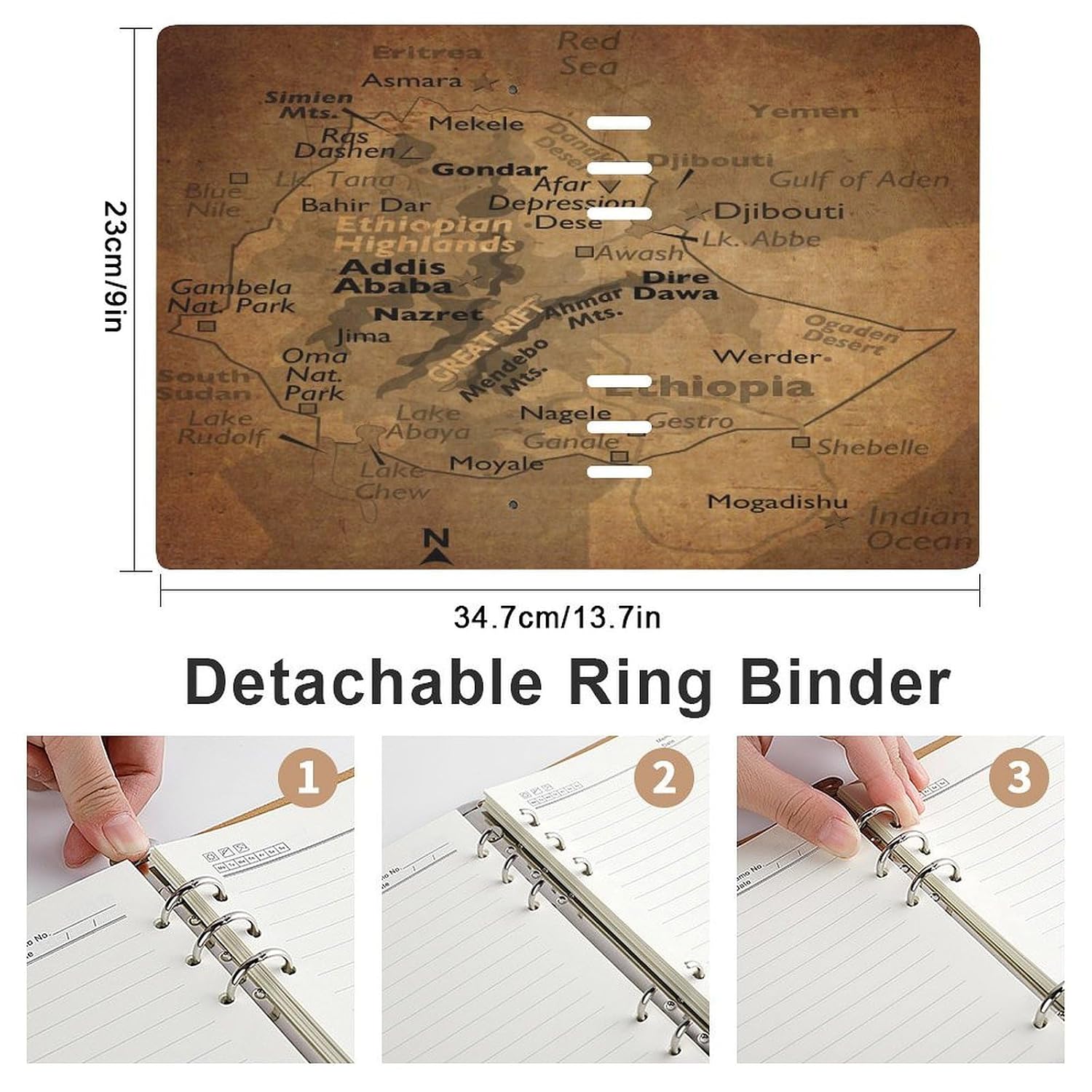 Puxufody Vintage Maps of Ethiopia Loose-Leaf Memo Book,6 Ring Planner Binder PU Leather Loose Leaf Notebook 90 Pages