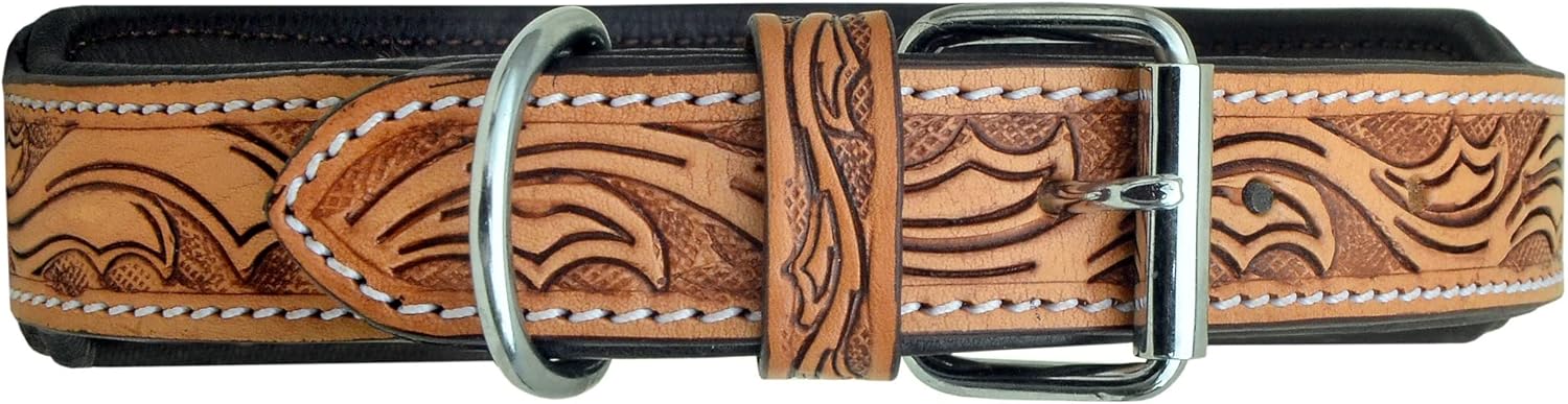 Leather Dog Collar Medium Size Western Style Heavy Duty Hand Tooled Adjustable Beaded and Padded Soft for Puppies and Big Dogs 10AB027-M
