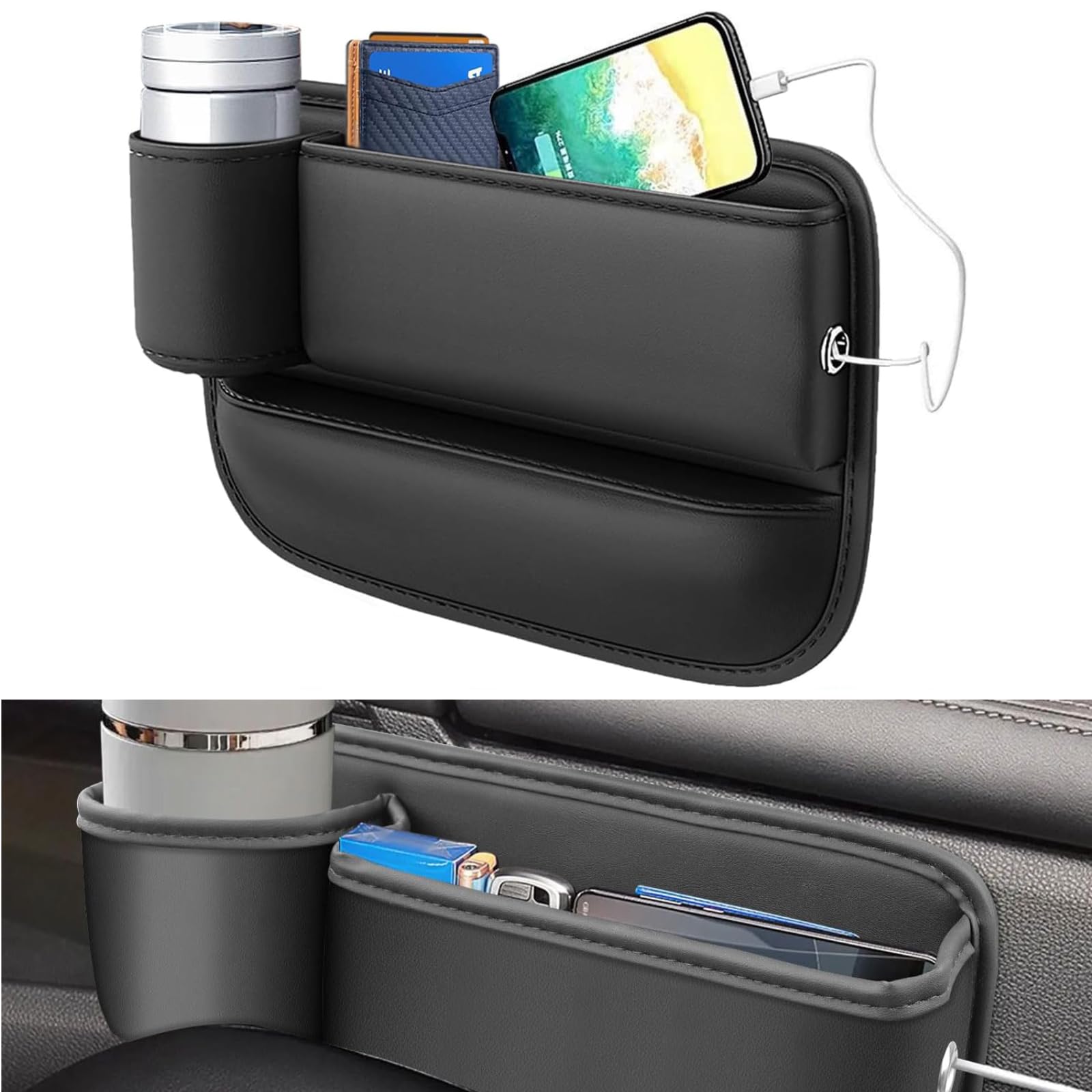 Organizer Da Auto Universale - Tasca Portaoggetti Per Sedile Con Portabevande E Fori Per Cavi - Foto 5