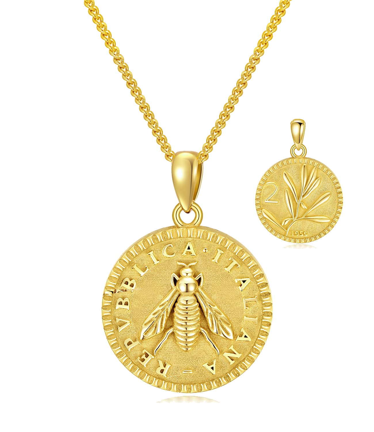 925 Sterling Silver 2 Lira Italian Bee Coin Necklace for Women Lire 18K Gold Plated Pendant Birthday Present for Mom Wife Grandmother