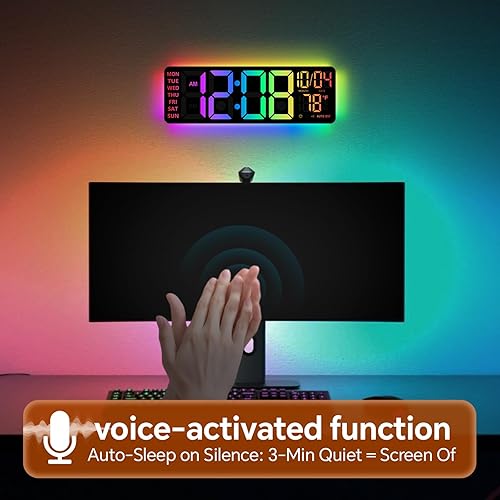 Miniatura 6 de Reloj de pared digital de 16 pulgadas con luz nocturna, reloj digital con control remoto de cambio de colores RGB, alarma doble, atenuador, DST