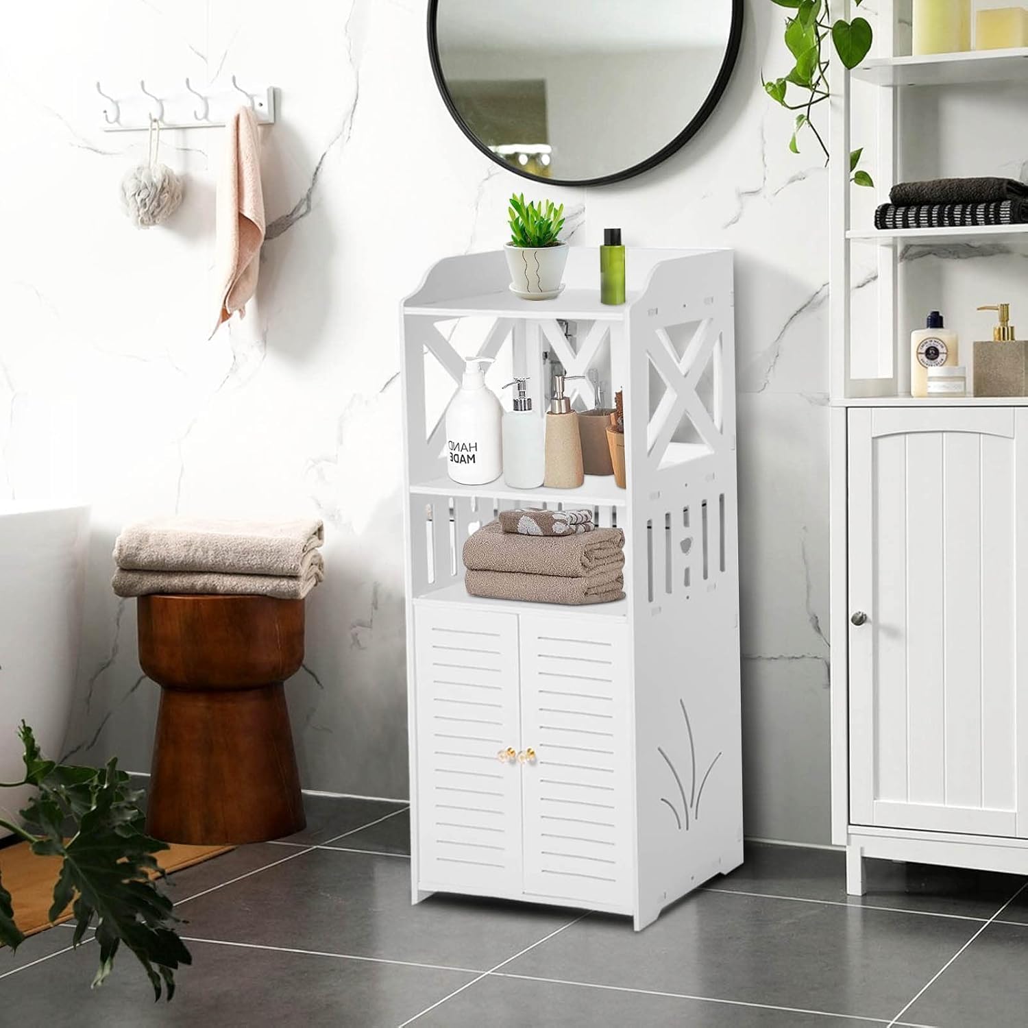 Wasserdichter Badezimmerschrank mit offenen Regalfächern Weiß | Freistehender, 3-stufiger Aufbewahrungsschrank für Bad, Küche, Wohnzimmer und vielseitigen Einsatz im Haushalt