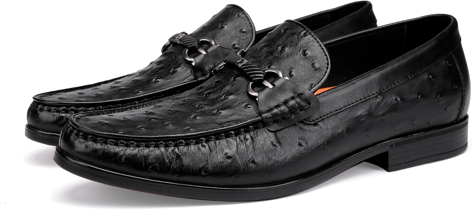 Classic Men's Leather Dress Shoes, Casual Ostrich Patterned with Buckle Slip-On Penny Loafers for Weddings, Parties, and Business, Formal Dress Shoes for Men, Black Black 9 image 5 of 6 B0DK2TDMTJ