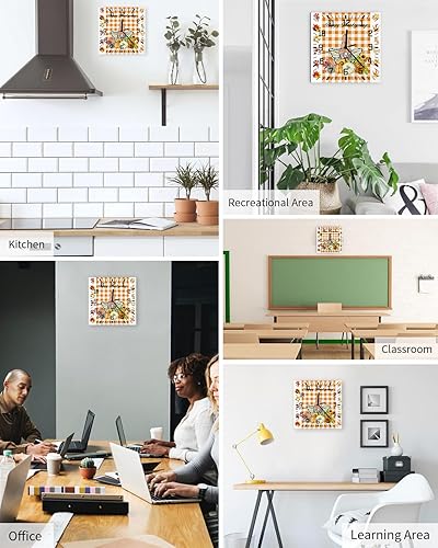 Miniatura 5 de Happy Thanksgiving Wooden Wall Clock Silent Non Ticking, Fall Gnomes Harvest Autumn Orange Plaid Square Wall Clock Battery Operated, Decor Clock for