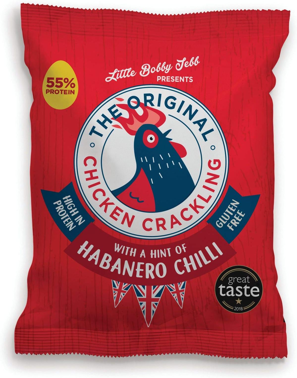 Chicken Crackling Hand Cooked Snack. Hint Of Habanero Chilli Flavour. Low Carb, High Protein, Keto, Gluten-Free Alternative To Pork Scratchings. 10x 30g Bags