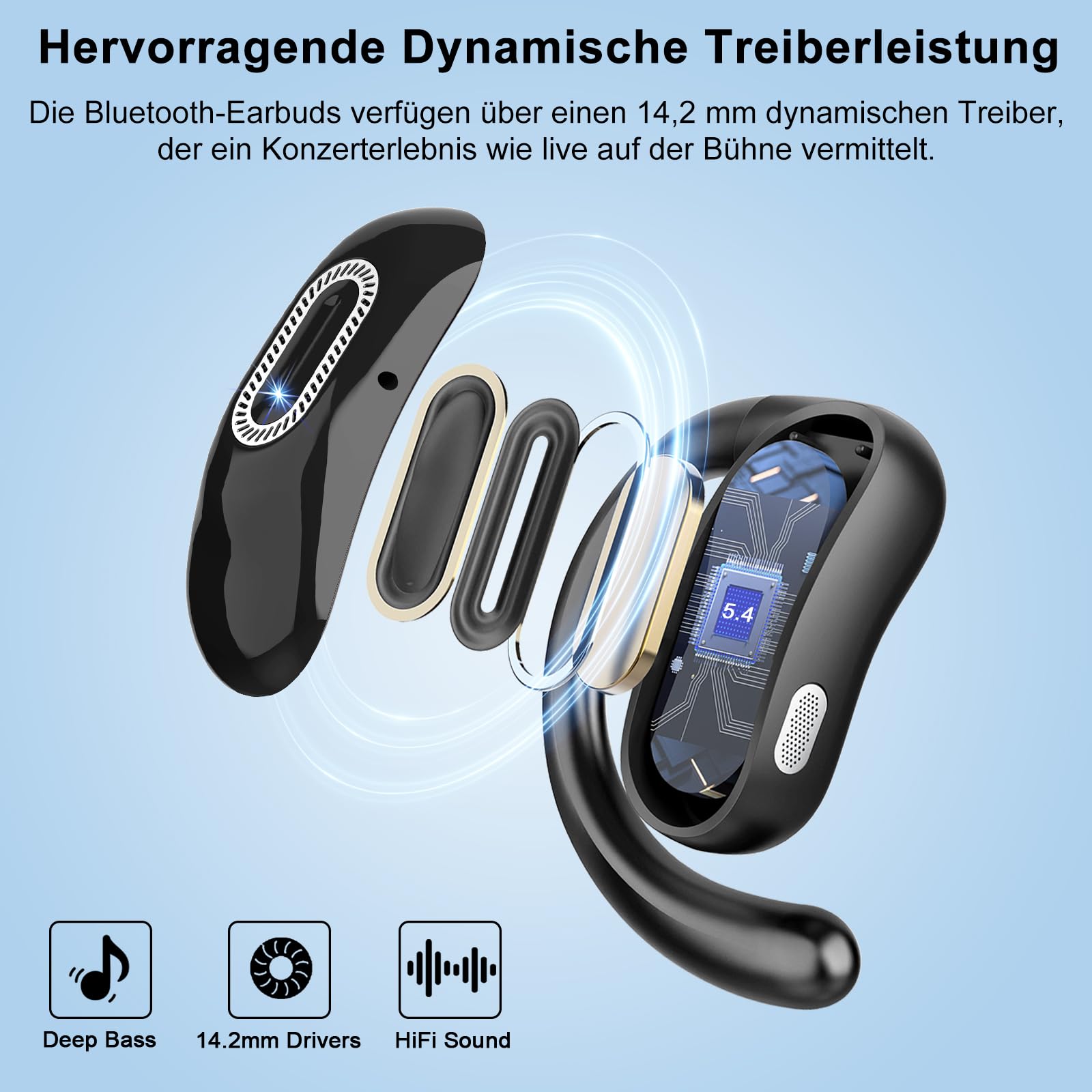 Open Ear Kopfhörer, Bluetooth 5.4 Kopfhörer Kabellos, Tiefer Bass mit 4 ENC Mikrofon, 58 Std, Sportkopfhörer Over-Ear mit Ohrhaken, IPX7 Wasserfest Bluetooth Ohrhörer für Laufen, Fitness, Schwarz