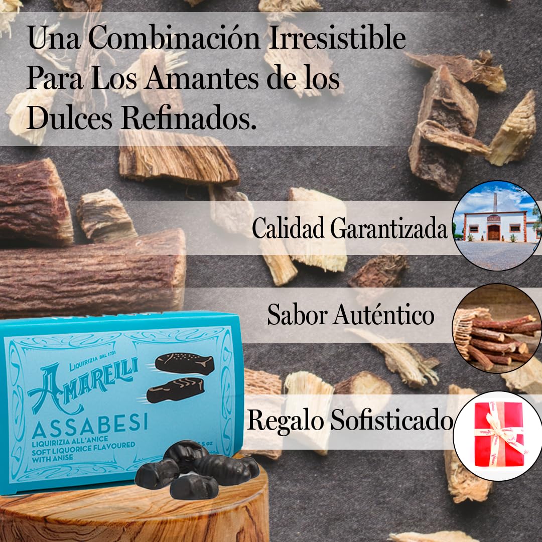 AMARELLI| Assabesi – Regaliz Blando con Anís 100g Caramelos Naturales | Regaliz Gommosa | Assabesi en Envase Elegante | Sabor Puro | Caramelos Divertidos con Formas Variadas (PACK 2)
