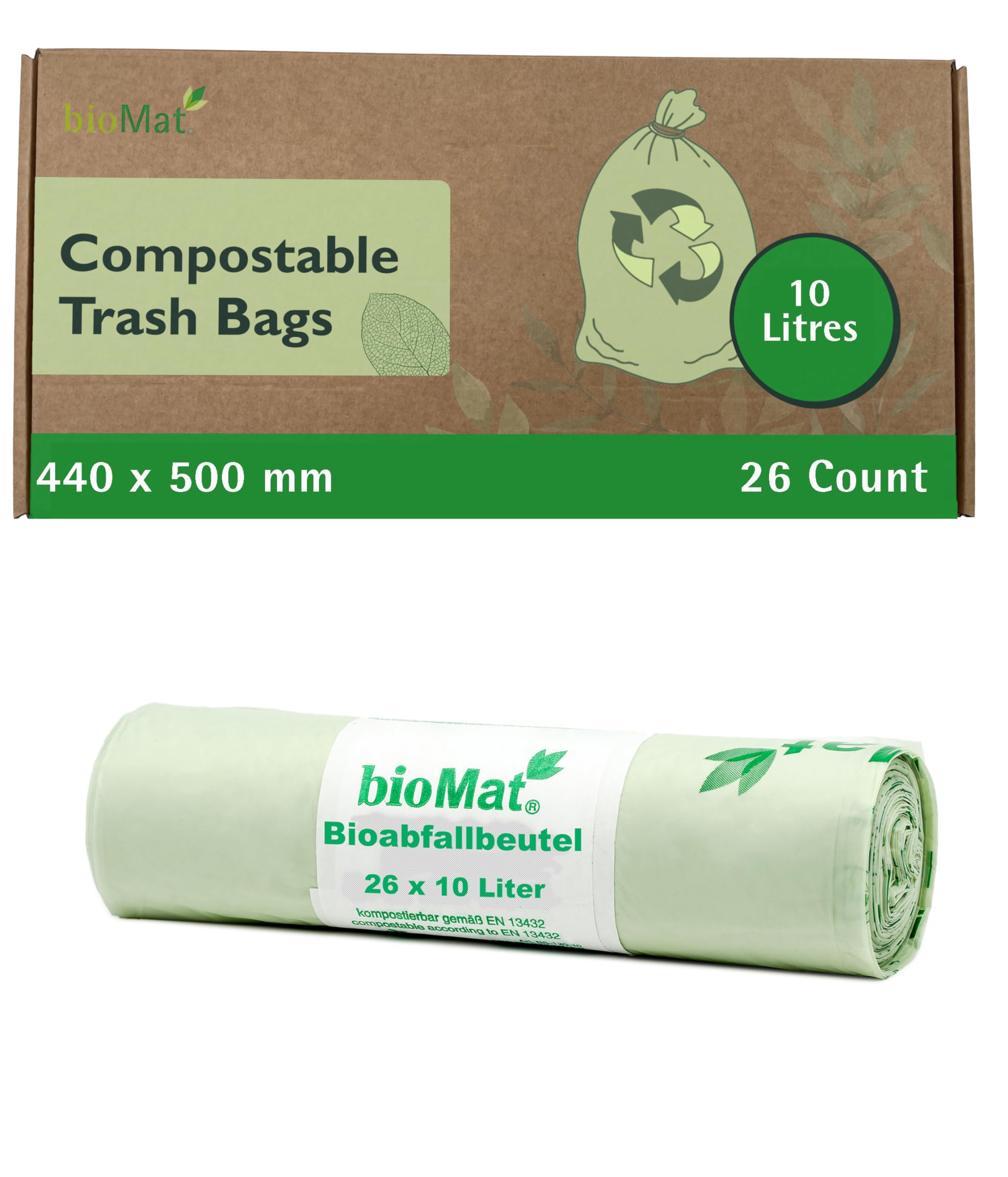 bioMat Compostable 10 Litres Kitchen Caddy Liners, 26 Refuse Sacks, EN 13432 Certified Compostable Food Waste Bags, for Organic Waste, Household Waste