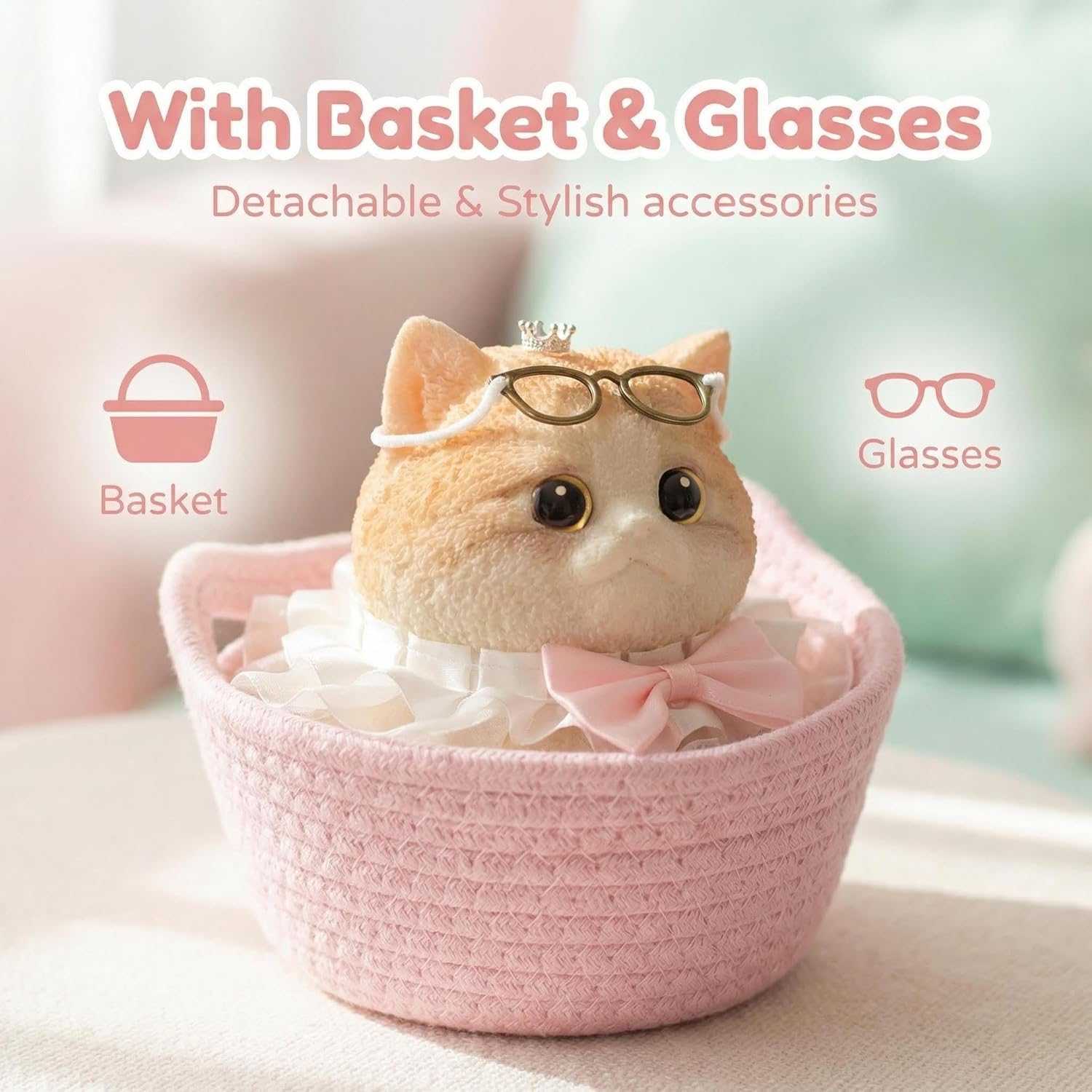 Big Taba Squishy Cat - Jumbo 6" Giant Kawaii Stress Relief Toy with Knitted Basket & Glasses (Caramel Ragdoll cat )