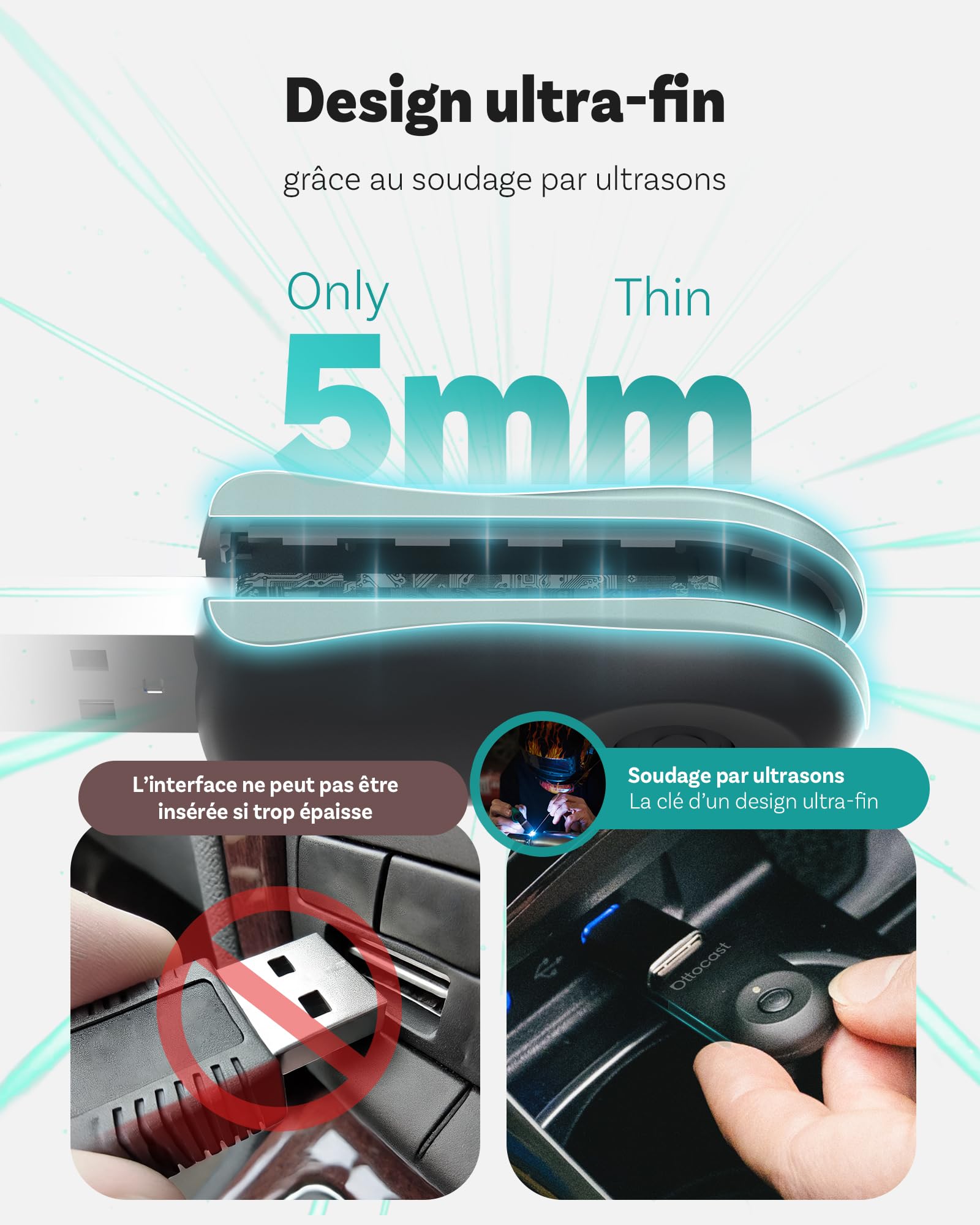OTTOCAST Nouveau 2025 Mini Flow – Adaptateur CarPlay sans Fil & Android Auto, Dongle 2-en-1, Plug & Play, Ultra Compact, Compatible iPhone & Android, pour Voitures dès 2016 (Non Compatible BMW/Tesla)