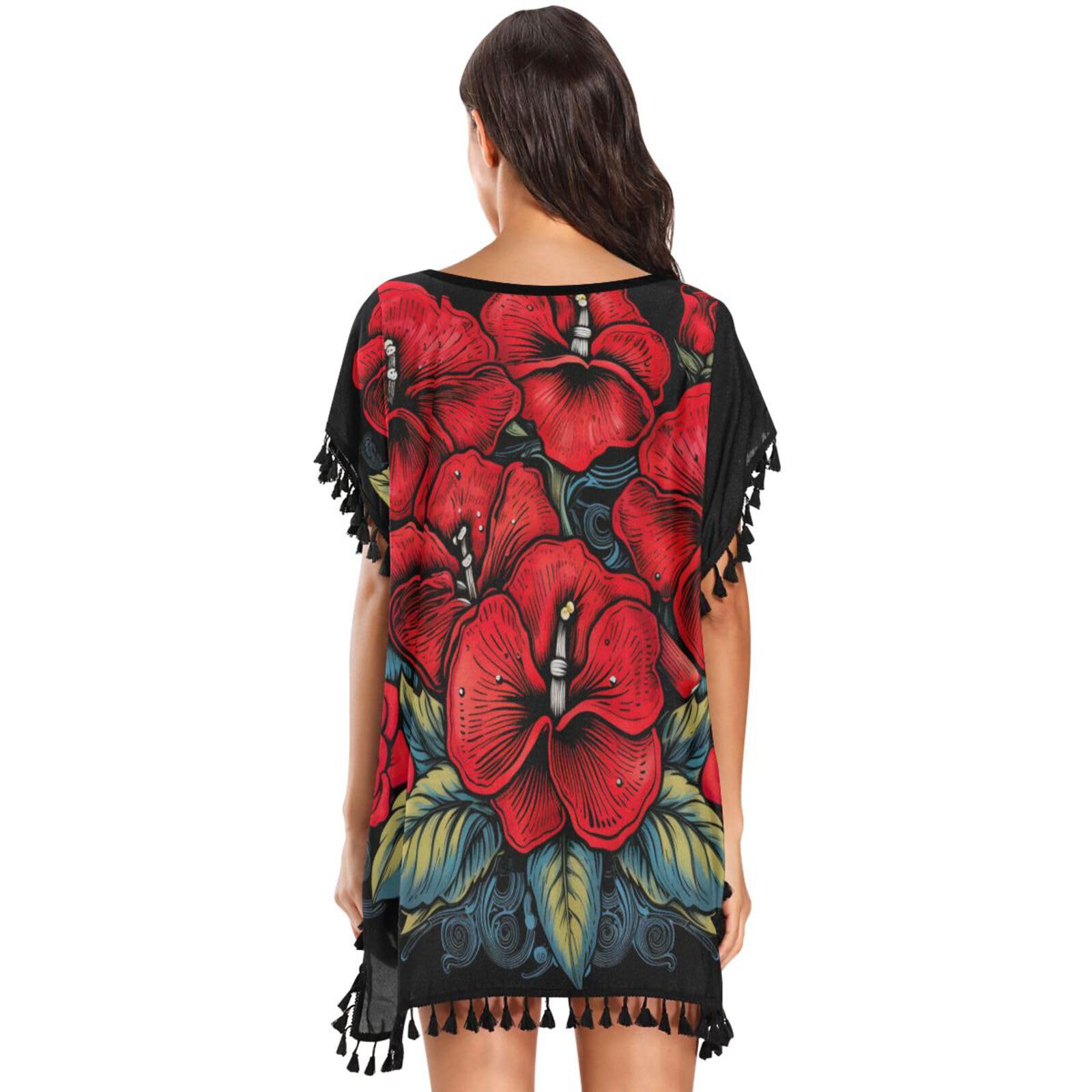 Red Petunia Flower Black Art Women's Beach Cover Up Chiffon Tassel Swimwear Swimsuit Coverups for Girl
