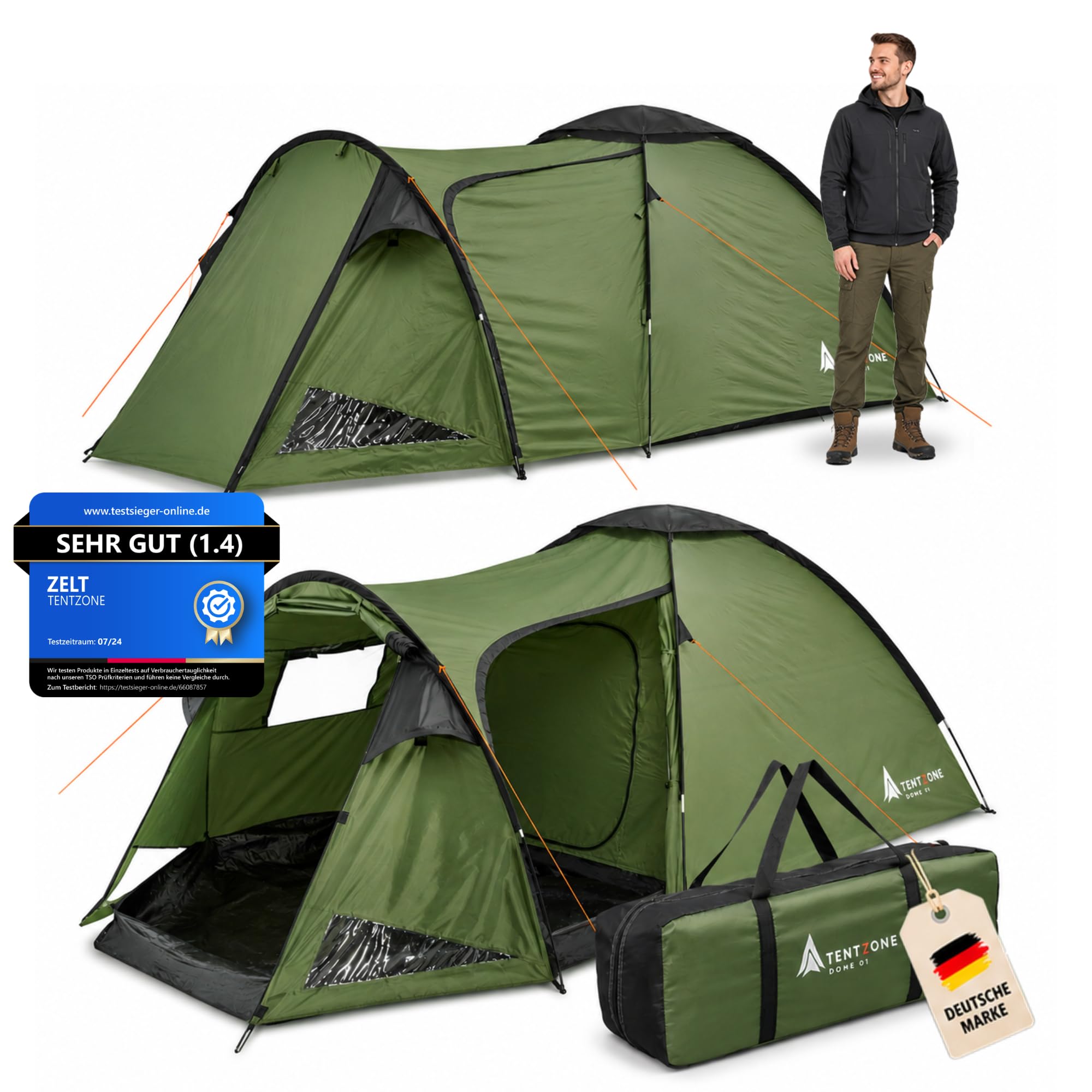 Dome 01, Wasserdicht 4000mm, 2-3 Personen Campingzelt, Vorraum mit abnehmbare Bodenplane, Belüftungsöffnungen, Grün