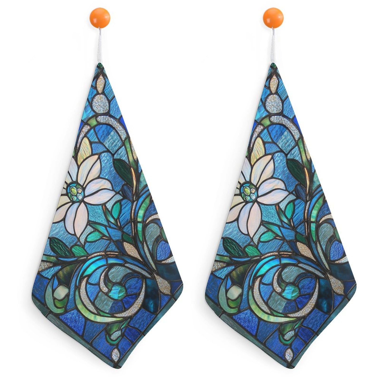 Jubonexis Stained Glass Stylized Floral And Scroll Motif Small Hand Towel with Hanging Loop 2 PCS Absorbent Soft Wash Cloth for Kitchen Bathroom