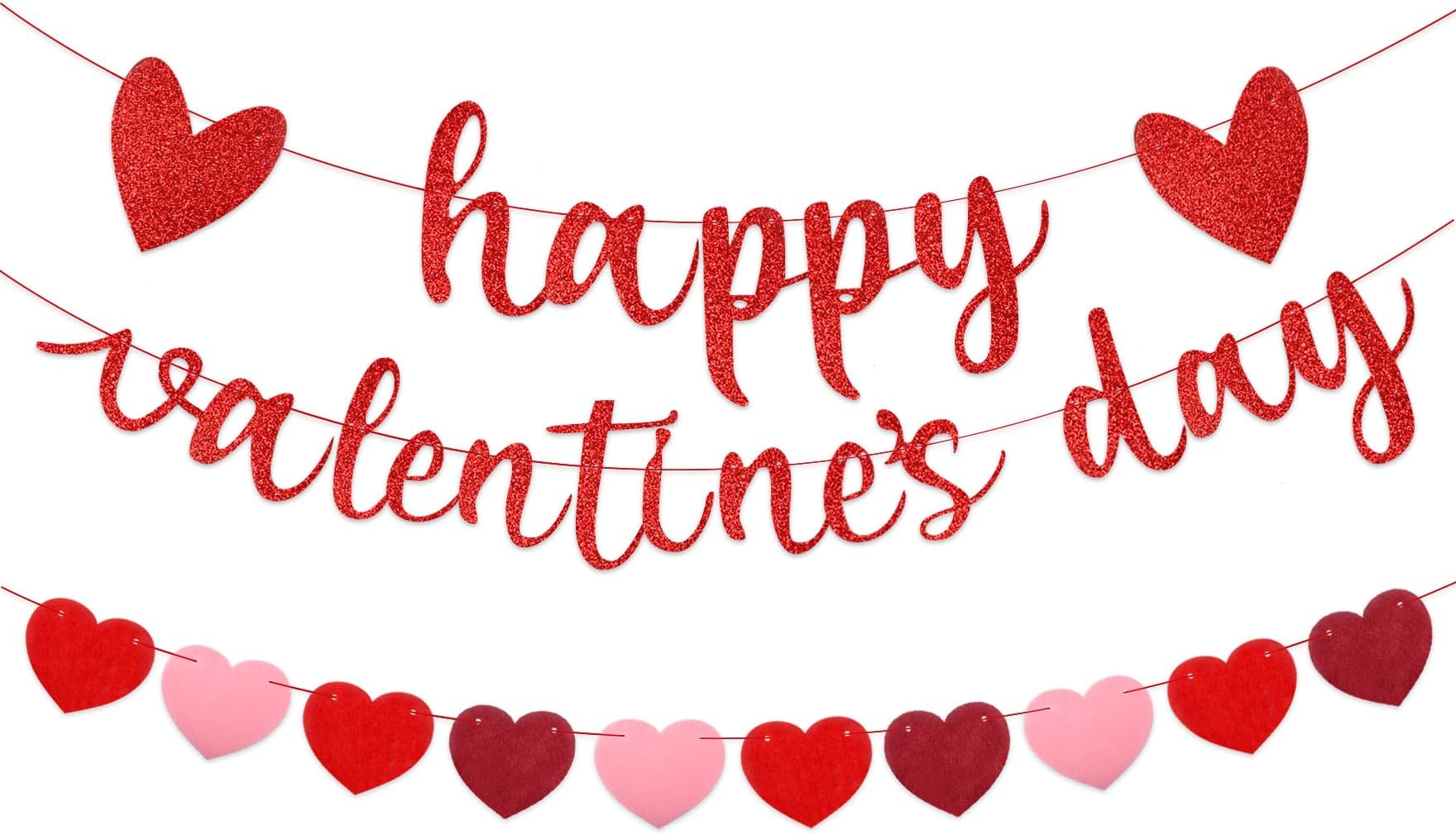 Qaziuy Happy Valentines Day Banner, Pink Red Heart Banner Valentine's Day Party Decorations Glitter Hearts Garland Banner Valentines Banner for Outdoors Indoor Valentines Party Decorations