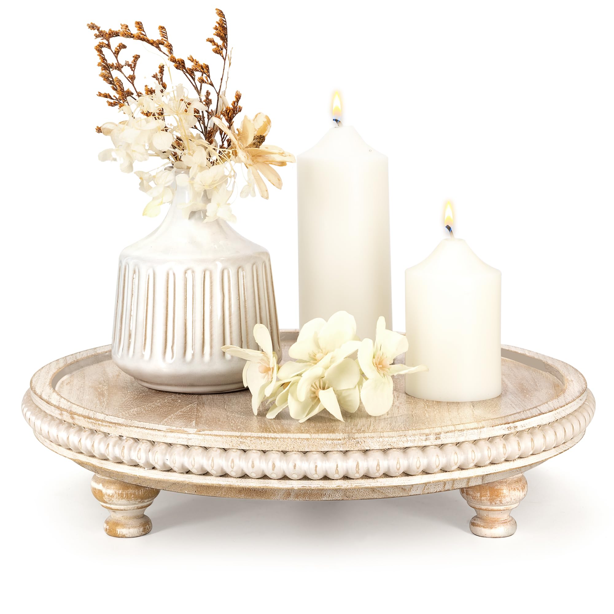 EOSAHR Rustic Round Pine Wooden Display Riser – Farmhouse Beaded Wooden Trays For Decor, Plant Stand & Coffee Table – Display Risers for Room Decor & Kitchen Organizer (Light-Natural)