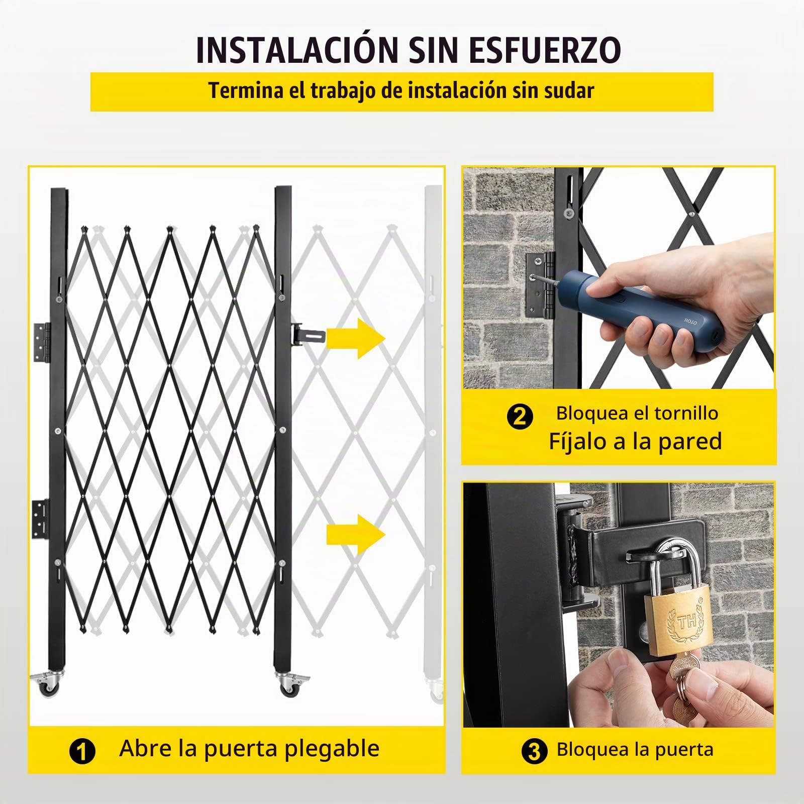 VEVOR Barrera de Seguridad Extensible Plegable Individual 170 x 131 cm Valla de Escalera de Acero Enrollable 360° Puerta de Tijera o Puerta con candado, para el sótano del hogar, Garaje, Negro