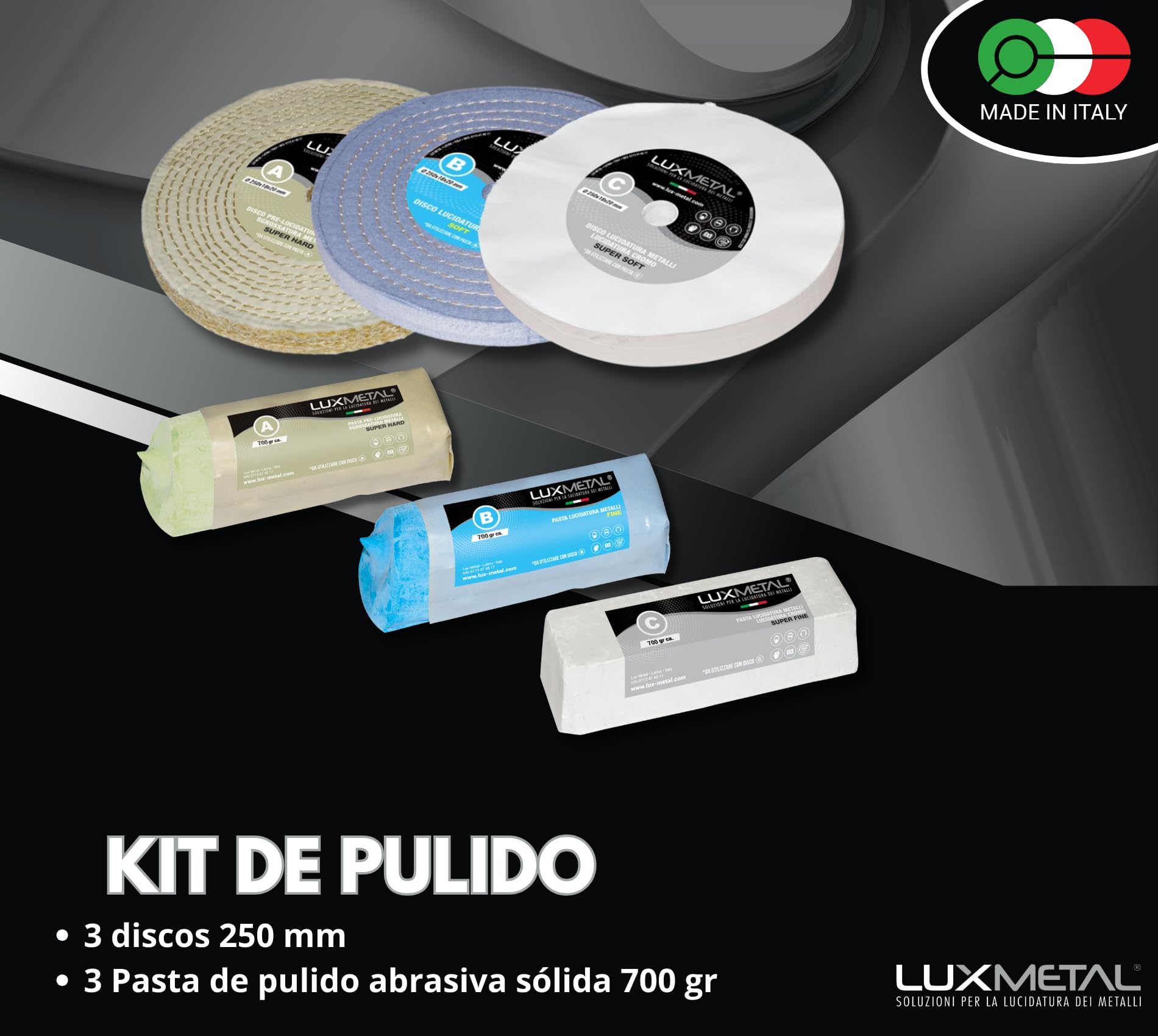 Lux Metal - Kit con 3 discos pulidores de 250 mm y 3 pastas abrasivas pulidoras de 700 gr - Para aluminio hierro acero inoxidable bronce mármol - Rueda de pulido para metales muela esmeriladora