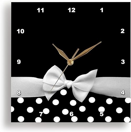 3dRose Wall Clock Silent - 15 inch - Retro Chic Black and White Polka dots and White Ribbon Bow - 50s Classic Elegance - Ribbon Designs