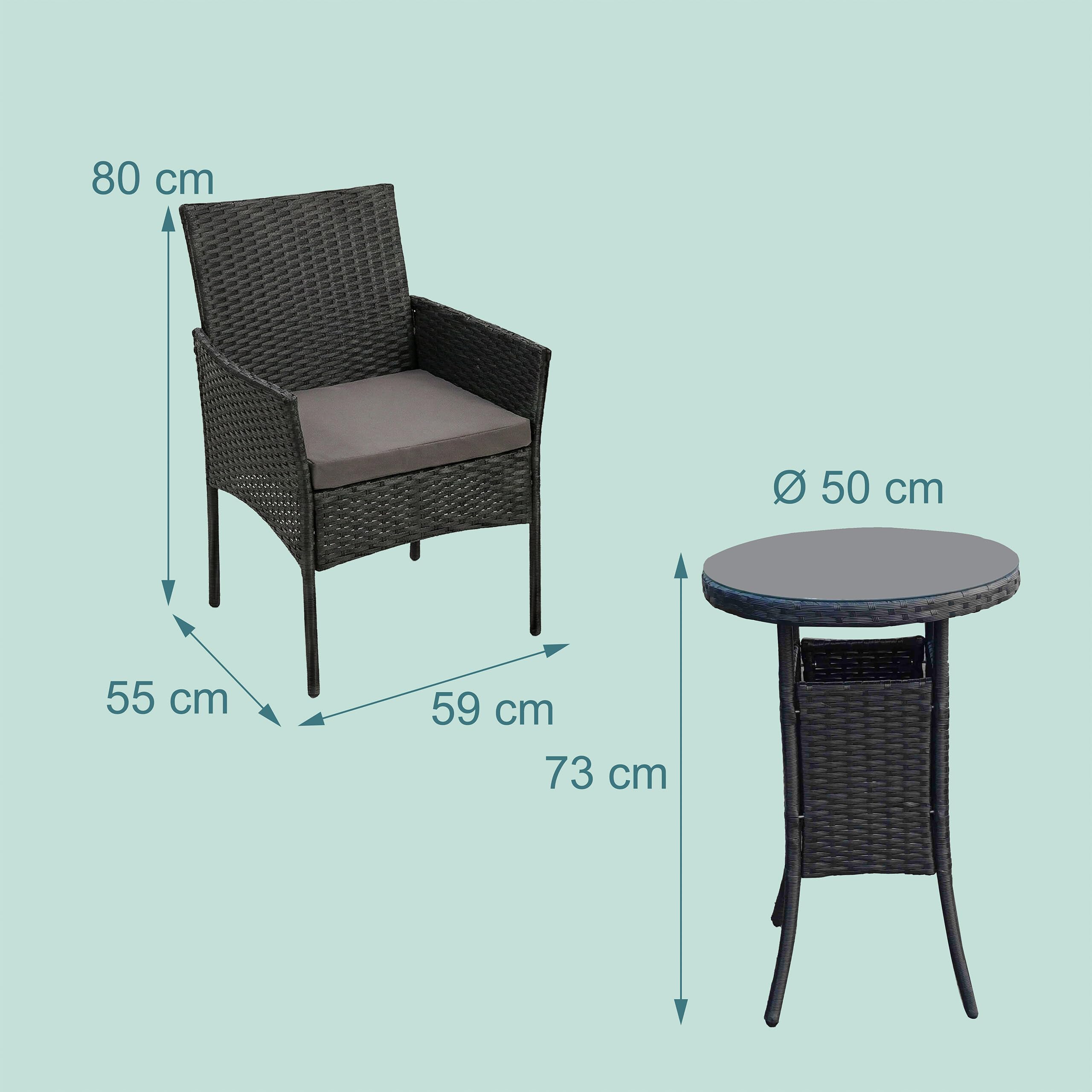 Relaxdays Ensemble Jardin 3 pcs, Salon résine tressée 2 pers., 2 fauteuils + Table Verre, extérieur, Noir