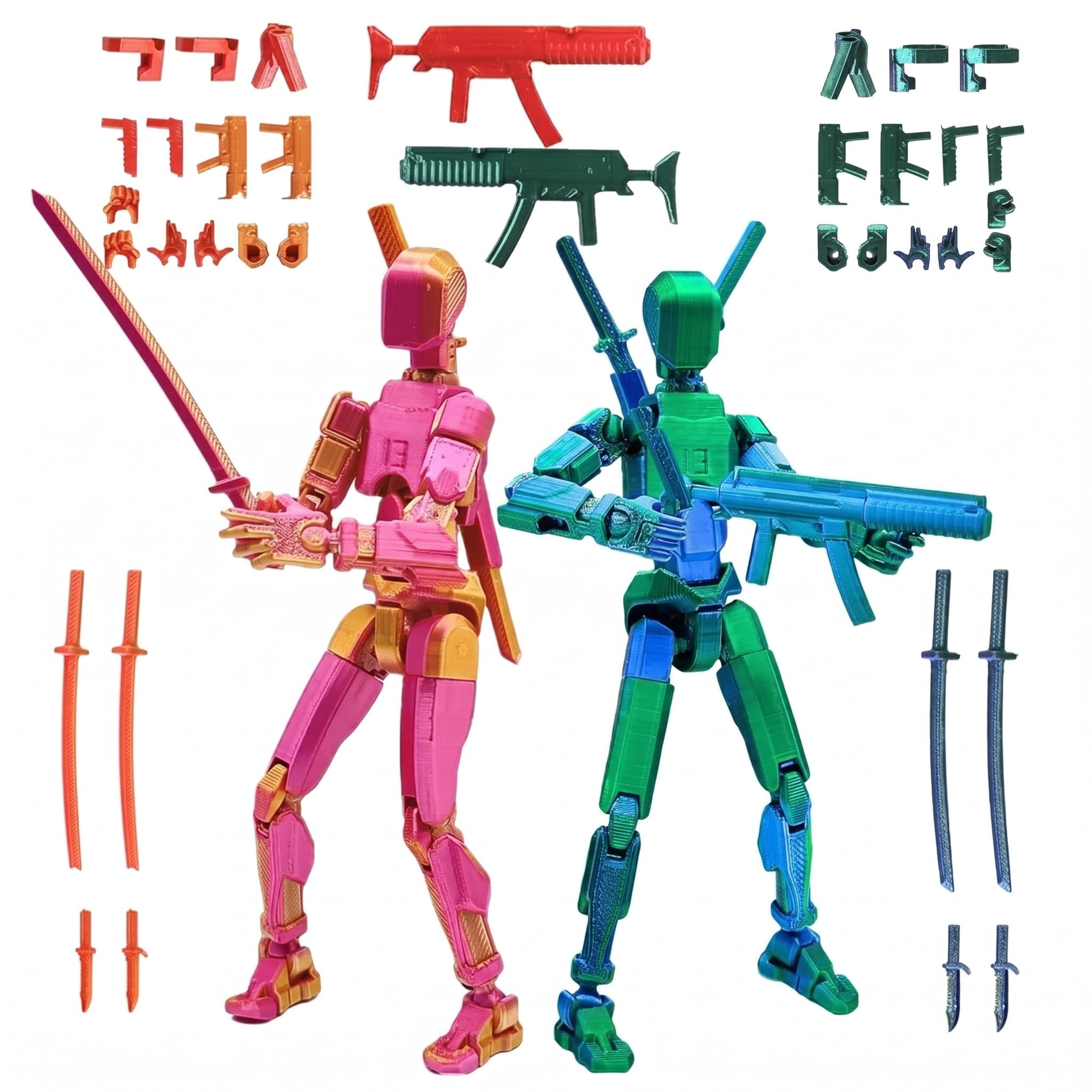2 Pack T13 Action Figure Set,3D Printed Multi-Jointed Movable Robot Dummy Set,Desktop Display Figures, Multi-Jointed Posable Collectibles, DIY Pose Stand Titan 13 Action Figures (Red+Green)