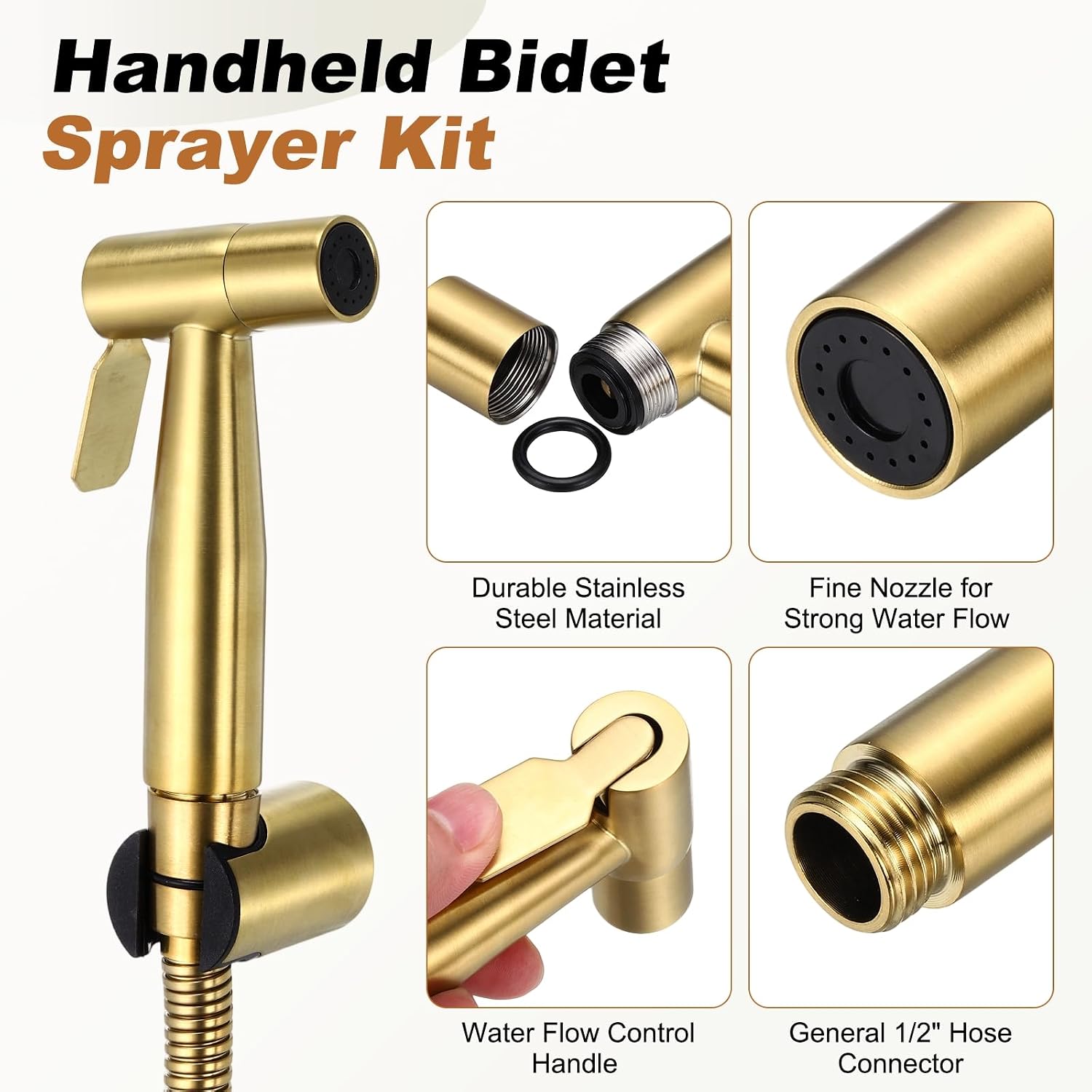 PATIKIL Handheld Toilet Bidet Sprayer, 304 Stainless Steel Toilet Sprayer with Bidet Hose, Adjustable Water Pressure Control for Women Wash Diapers Washing, Brushed Gold
