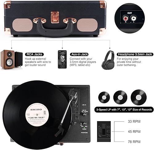 Miniatura 5 de Tocadiscos inalámbrico portátil maleta reproductor de vinilo con altavoces incorporados, tocadiscos de estilo retro para discos de vinilo, salida de